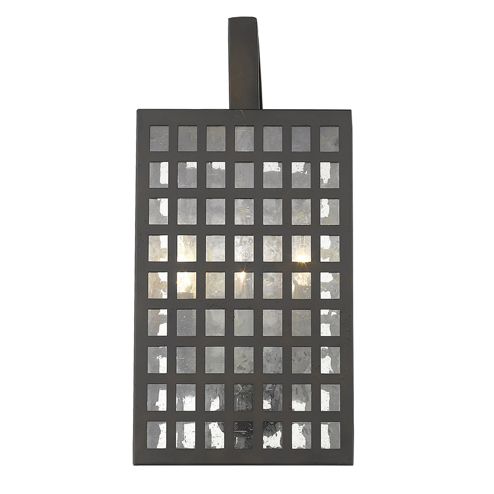 Front view of the lighted Letzel 3-Bulb Oil-Rubbed Bronze Wall Light with Grid Pattern and Seedy Glass