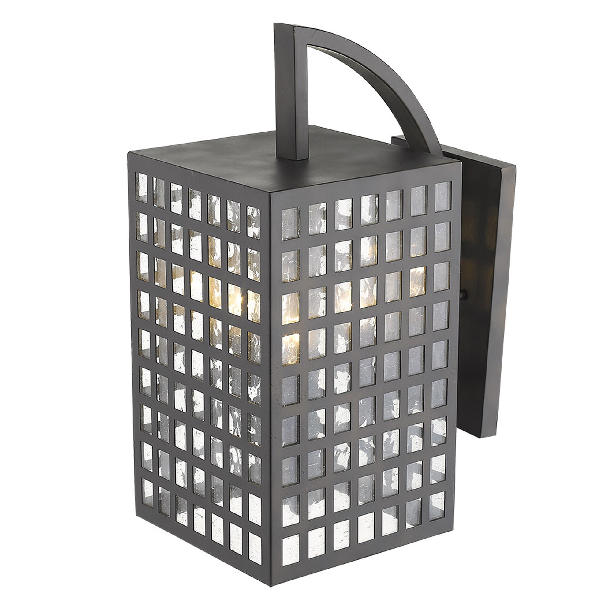 Top down Front right angle view of the lighted Letzel 3-Bulb Oil-Rubbed Bronze Wall Light with Grid Pattern and Seedy Glass