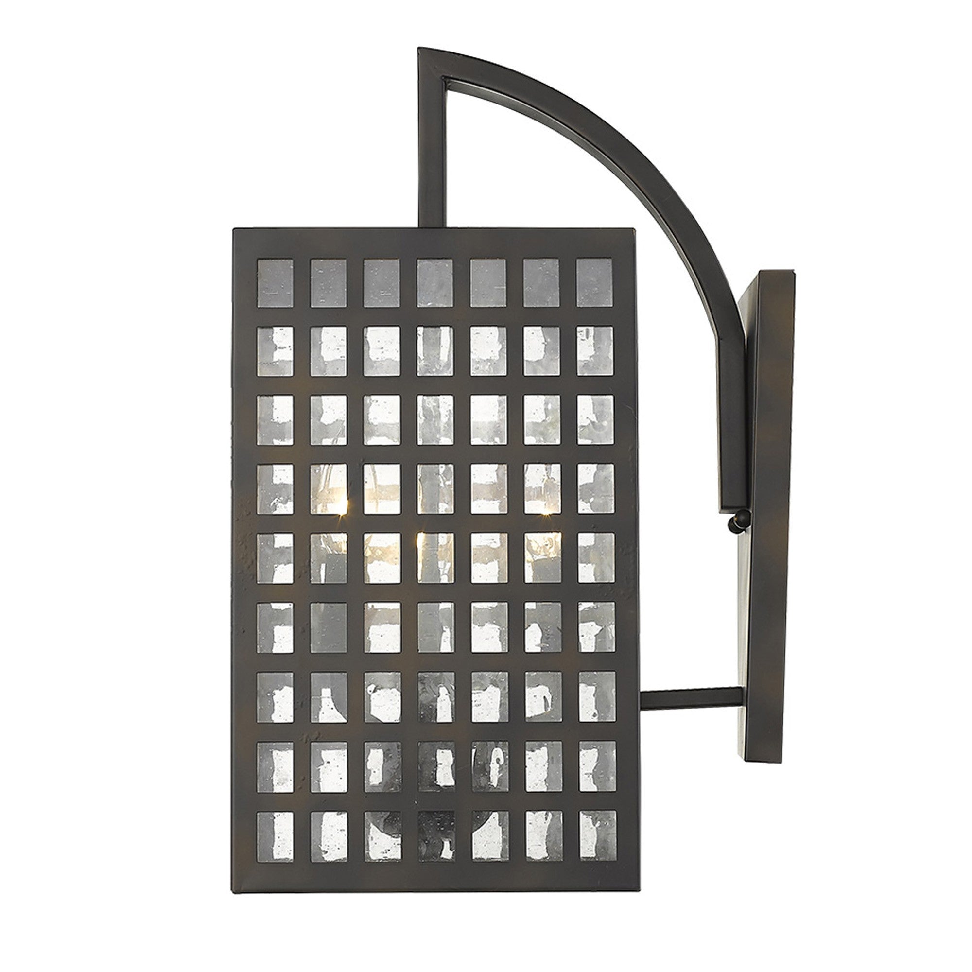 Side view of the lighted Letzel 3-Bulb Oil-Rubbed Bronze Wall Light with Grid Pattern and Seedy Glass