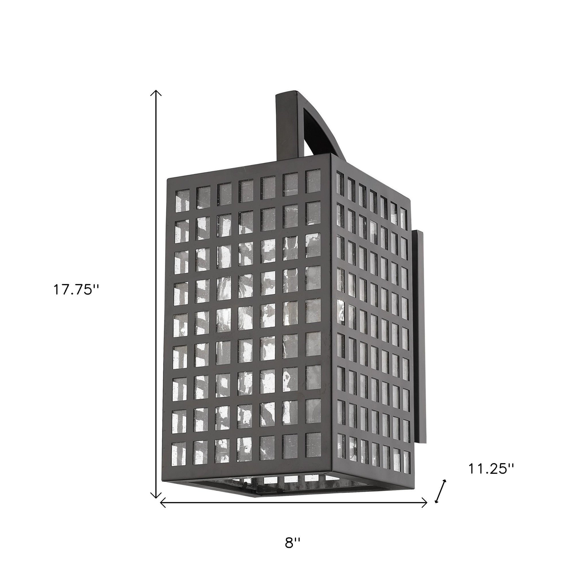 Letzel 3-Bulb Oil-Rubbed Bronze Wall Light with Grid Pattern and Seedy Glass shown with dimensions of 17 point 75 inches high by 8 inches wide by 11 point 25 inches deep