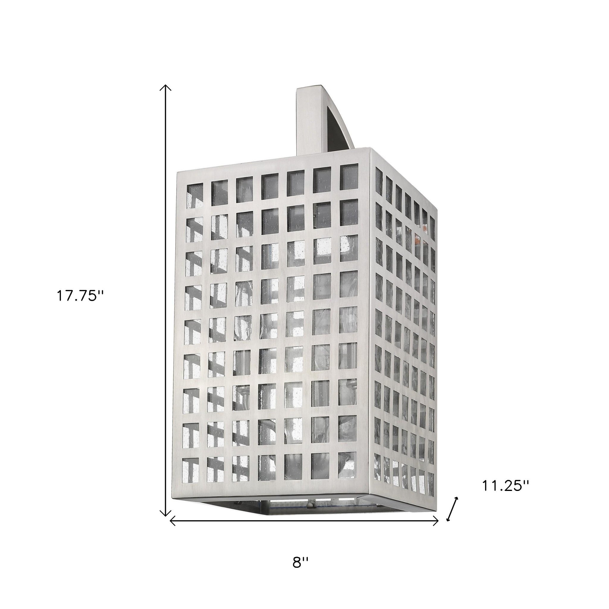 Letzel 3-Bulb Satin Nickel Wall Light with Grid Pattern and Seedy Glass shown with dimensions of 17 point 75 inches high by 8 inches wide by 11 point 25 inches deep