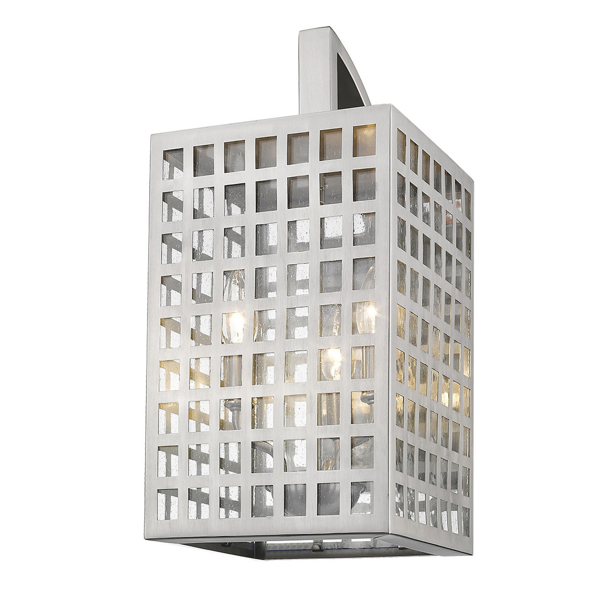 Front right angle view of the lighted Letzel 3-Bulb Satin Nickel Wall Light with Grid Pattern and Seedy Glass