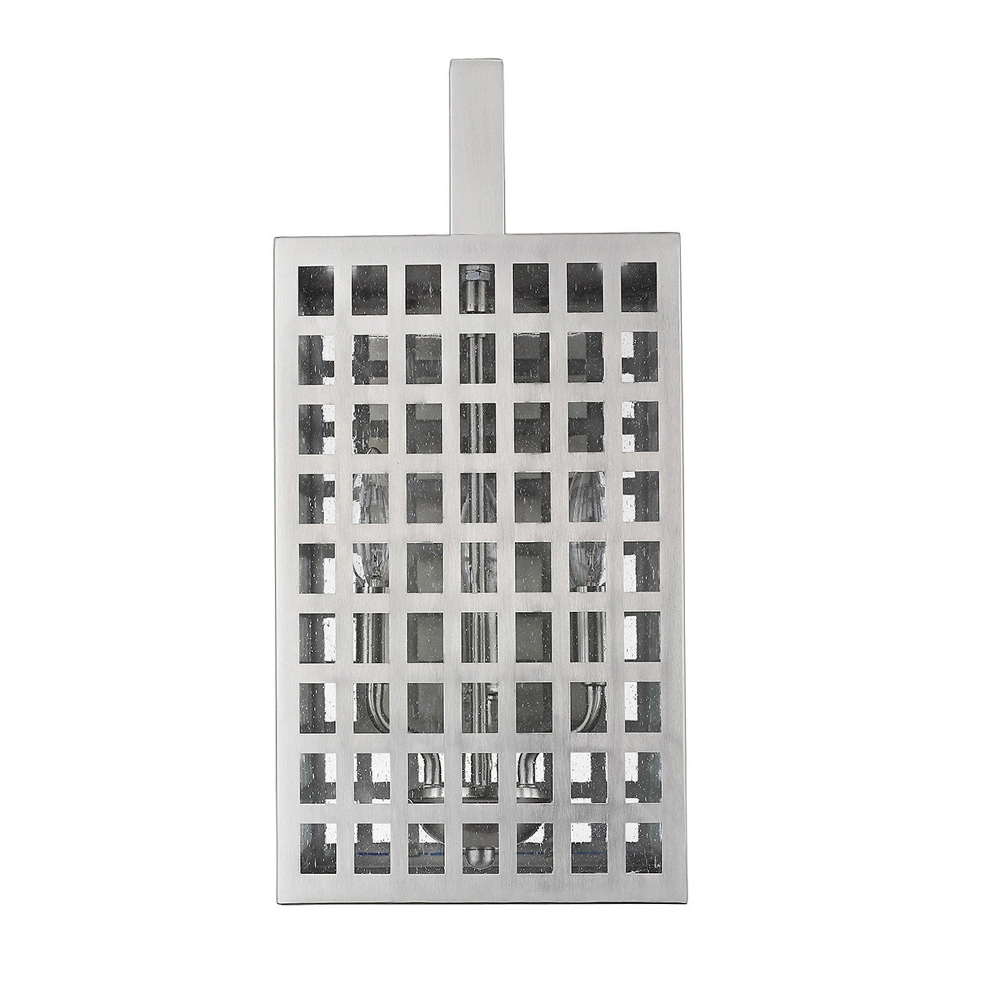 Front view of the Letzel 3-Bulb Satin Nickel Wall Light with Grid Pattern and Seedy Glass