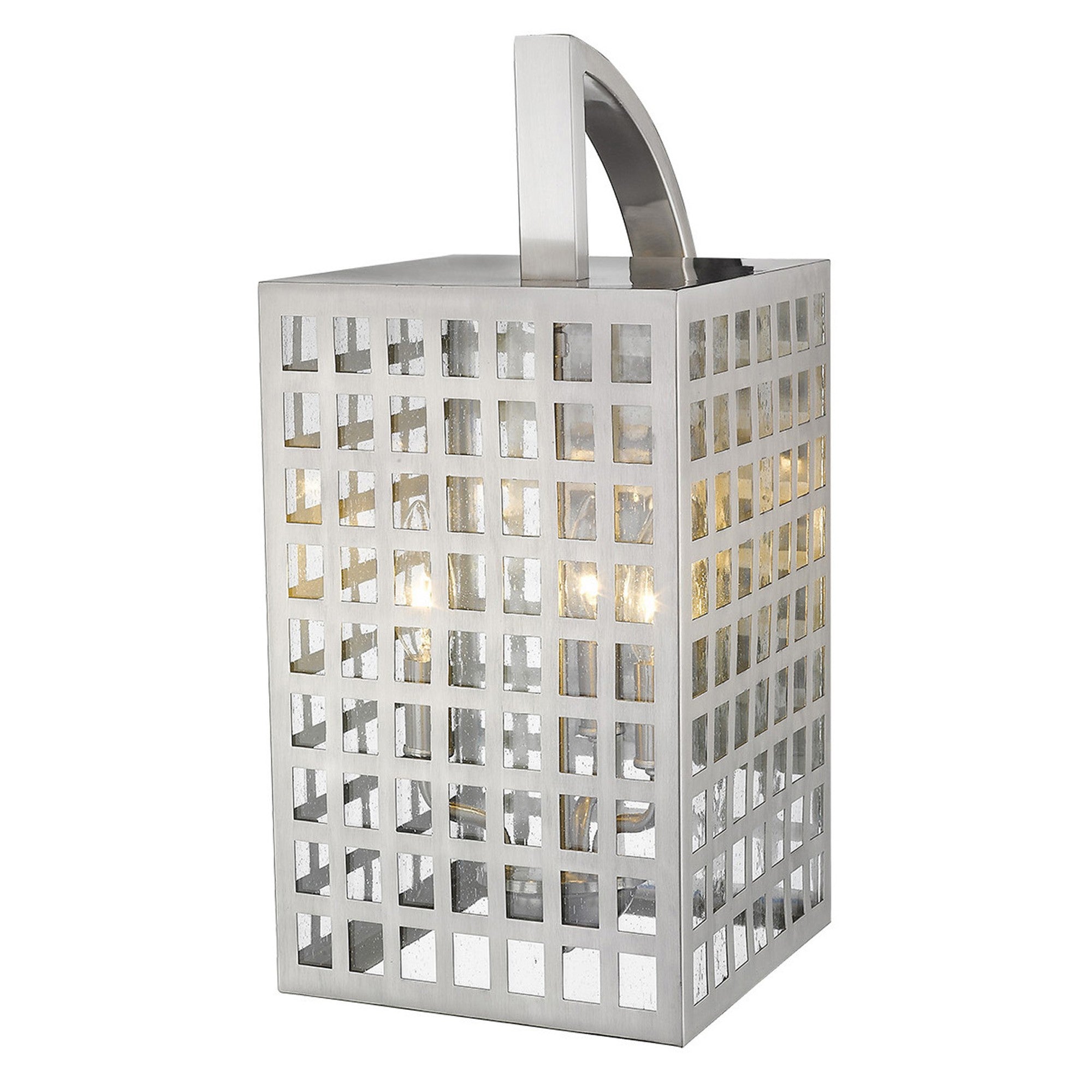 Top down Front right angle view of the lighted Letzel 3-Bulb Satin Nickel Wall Light with Grid Pattern and Seedy Glass