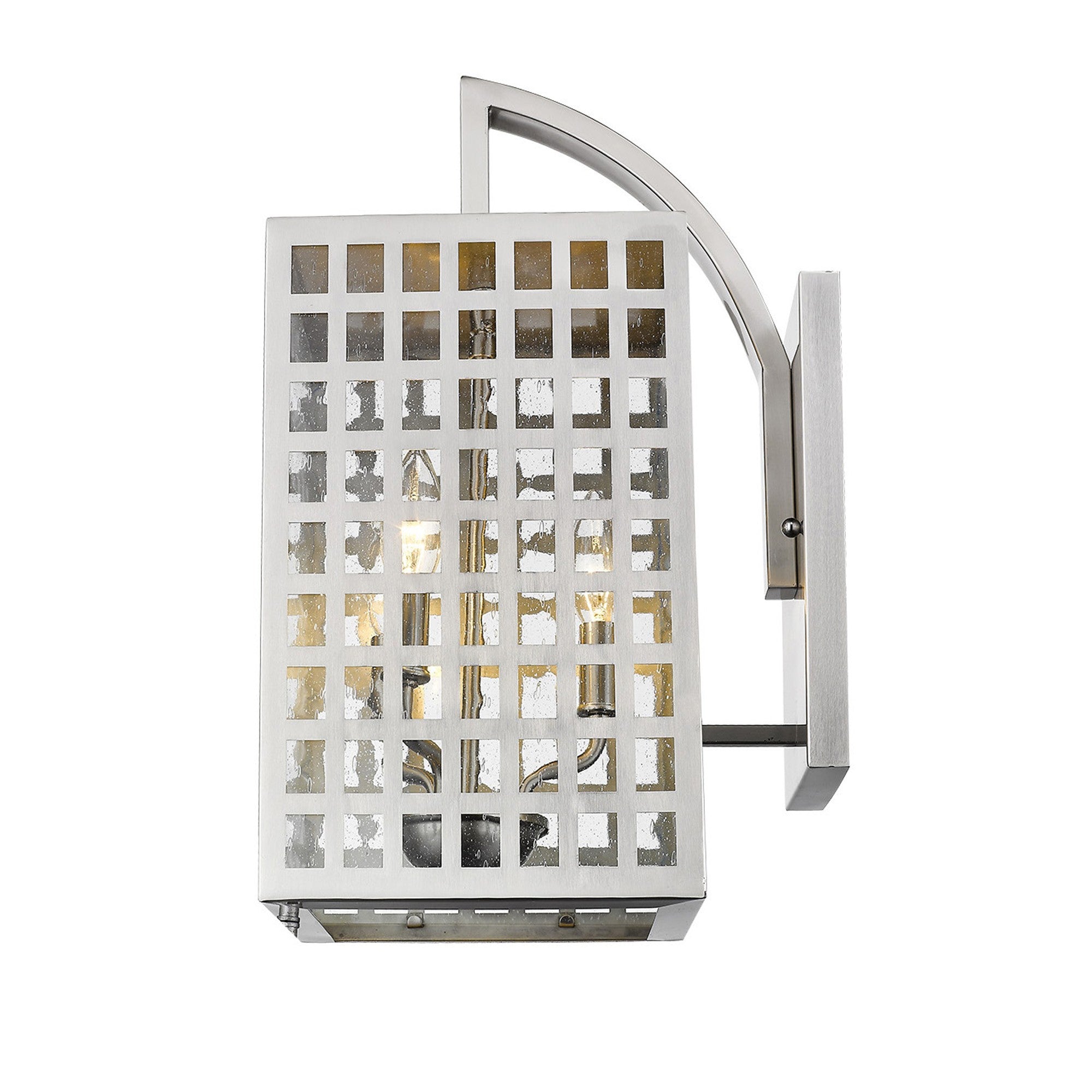 Side view of the lighted Letzel 3-Bulb Satin Nickel Wall Light with Grid Pattern and Seedy Glass