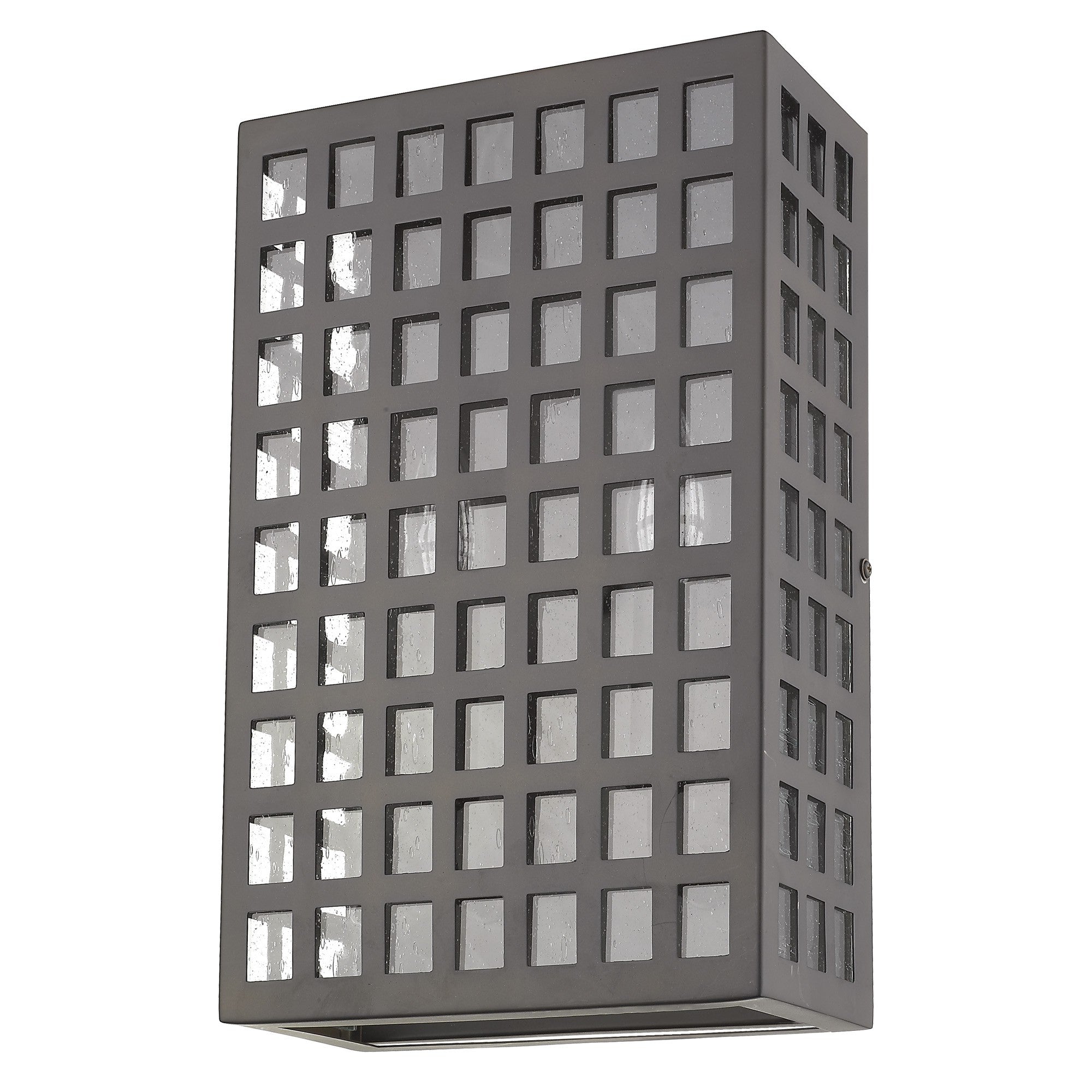 Front right angle view of the Letzel 2-Bulb Oil-Rubbed Bronze ADA Wall Sconce with Grid Pattern and Seedy Glass