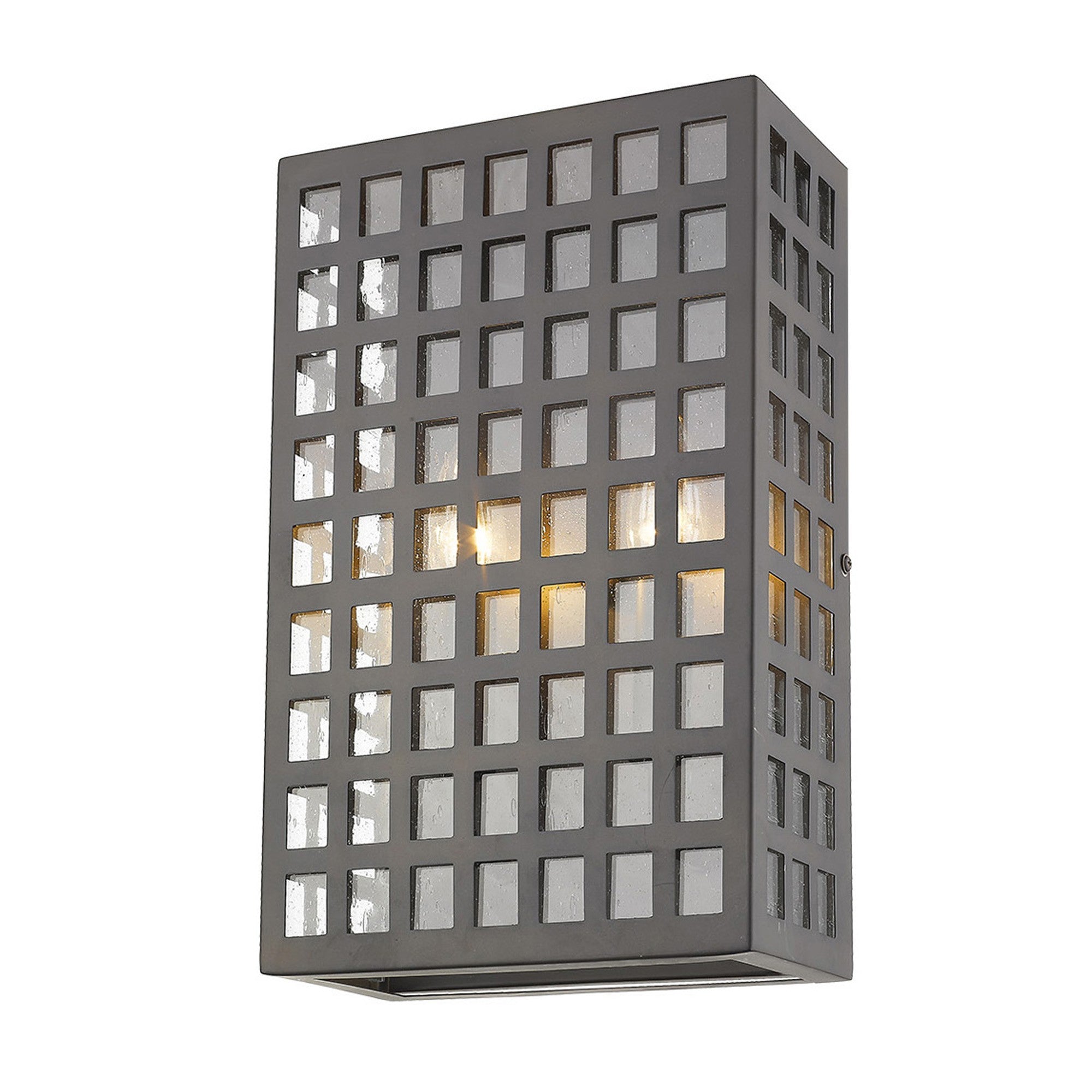 Front right angle view of the lighted Letzel 2-Bulb Oil-Rubbed Bronze ADA Wall Sconce with Grid Pattern and Seedy Glass