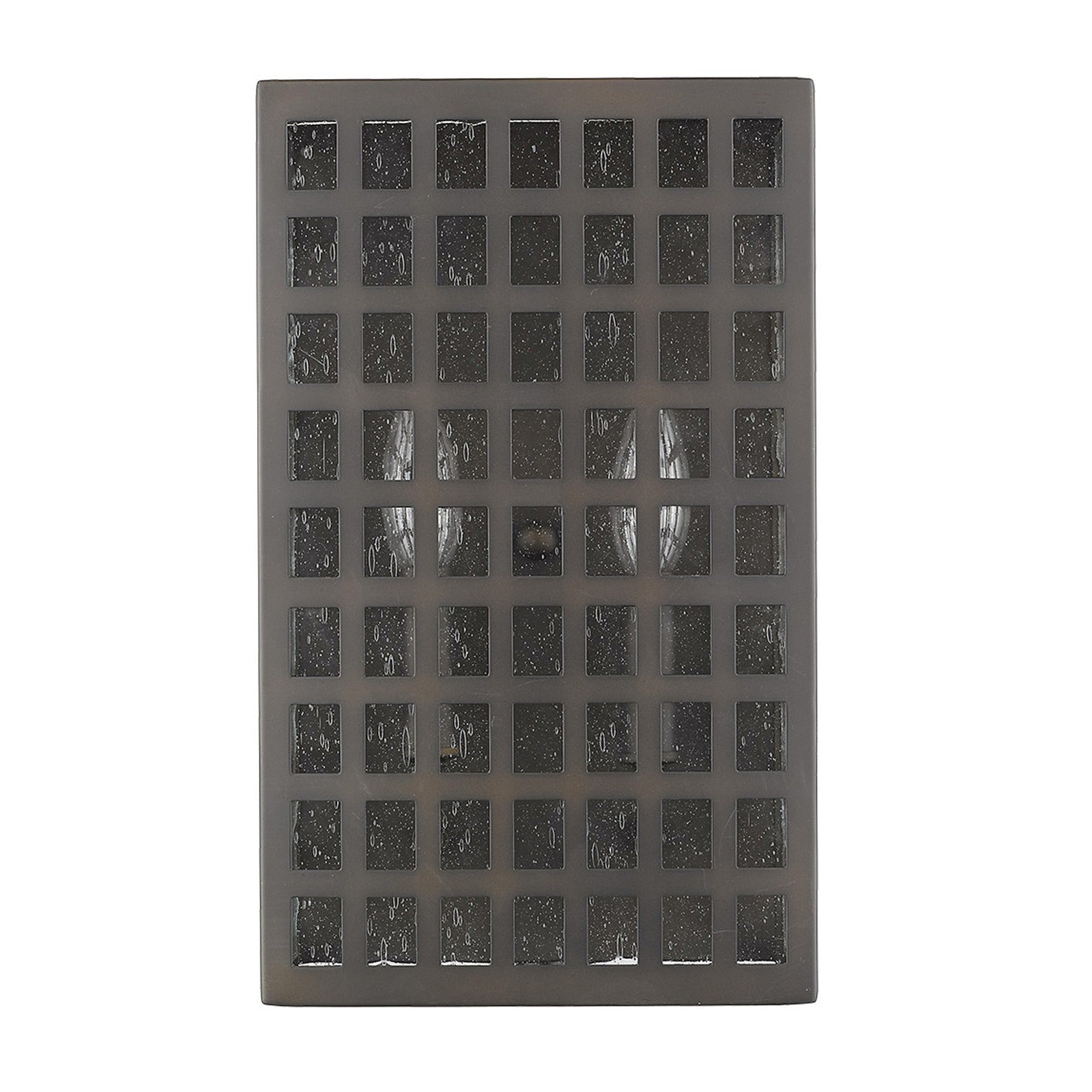 Front view of the Letzel 2-Bulb Oil-Rubbed Bronze ADA Wall Sconce with Grid Pattern and Seedy Glass