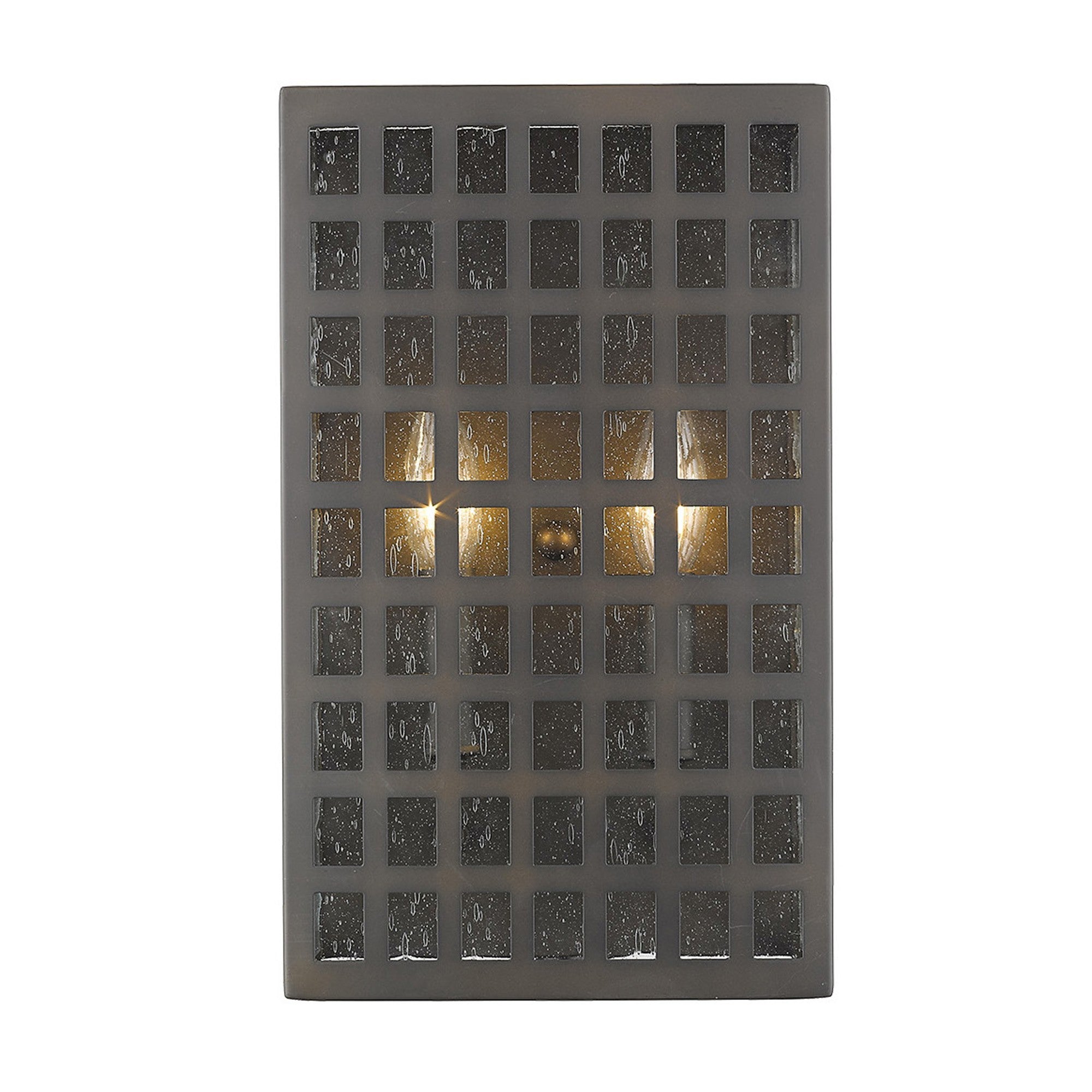 Front view of the lighted Letzel 2-Bulb Oil-Rubbed Bronze ADA Wall Sconce with Grid Pattern and Seedy Glass