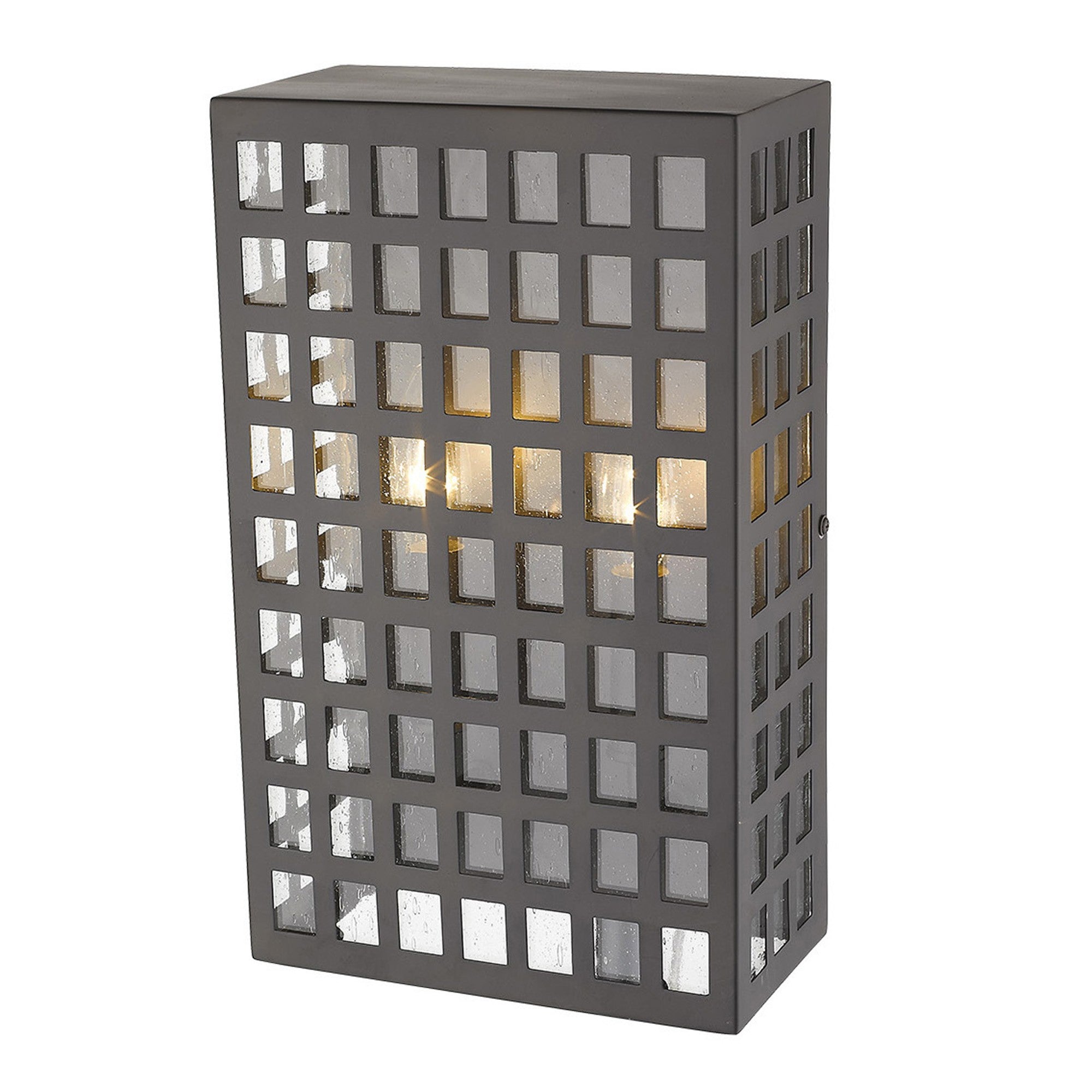 Top down front right angle view of the lighted Letzel 2-Bulb Oil-Rubbed Bronze ADA Wall Sconce with Grid Pattern and Seedy Glass
