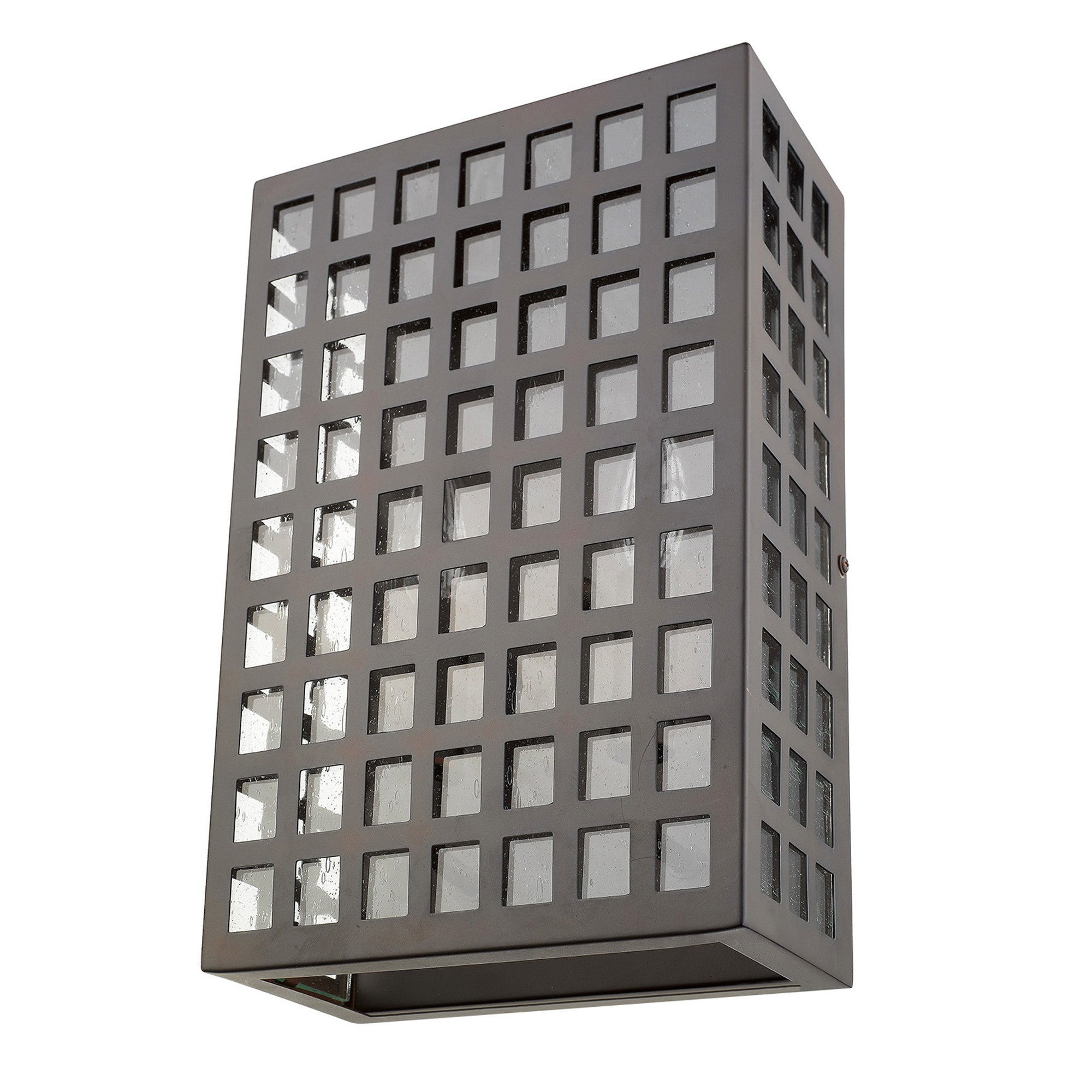 Bottom up Front right angle view of the Letzel 2-Bulb Oil-Rubbed Bronze ADA Wall Sconce with Grid Pattern and Seedy Glass