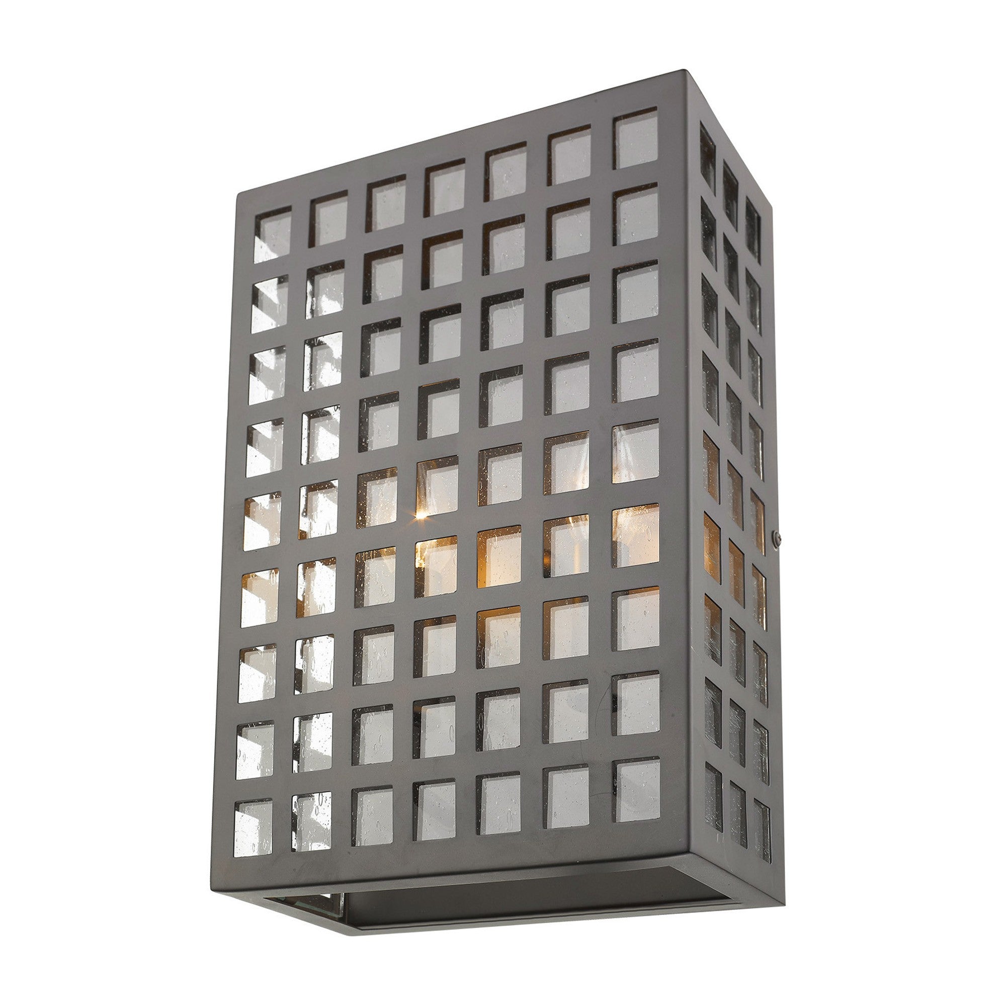 Bottom up Front right angle view of the lighted Letzel 2-Bulb Oil-Rubbed Bronze ADA Wall Sconce with Grid Pattern and Seedy Glass