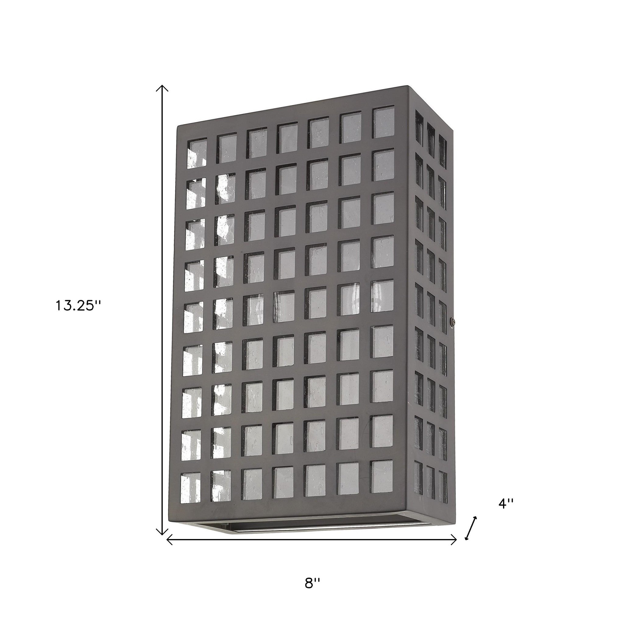 Letzel 2-Bulb Oil-Rubbed Bronze ADA Wall Sconce with Grid Pattern and Seedy Glass shown with dimensions of 13 point 25 inches high by 8 inches wide by 4 inches deep