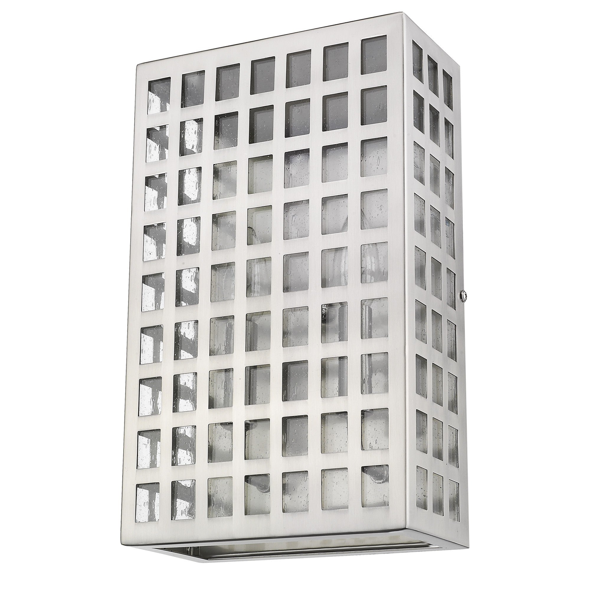 Bottom up front right angle view of the Letzel 2-Bulb Satin Nickel ADA Wall Sconce with Grid Pattern and Seedy Glass