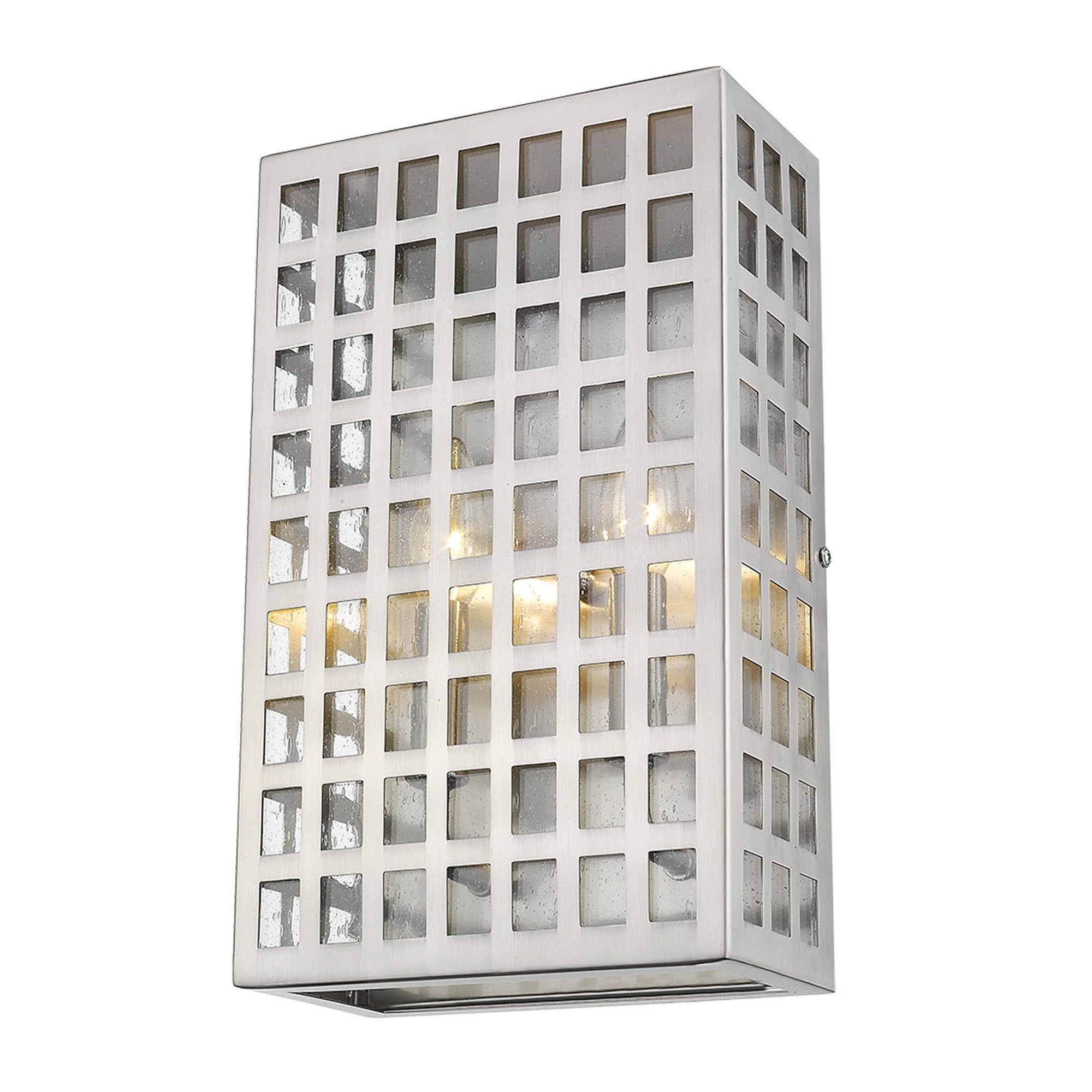 Bottom up front right angle view of the lighted Letzel 2-Bulb Satin Nickel ADA Wall Sconce with Grid Pattern and Seedy Glass