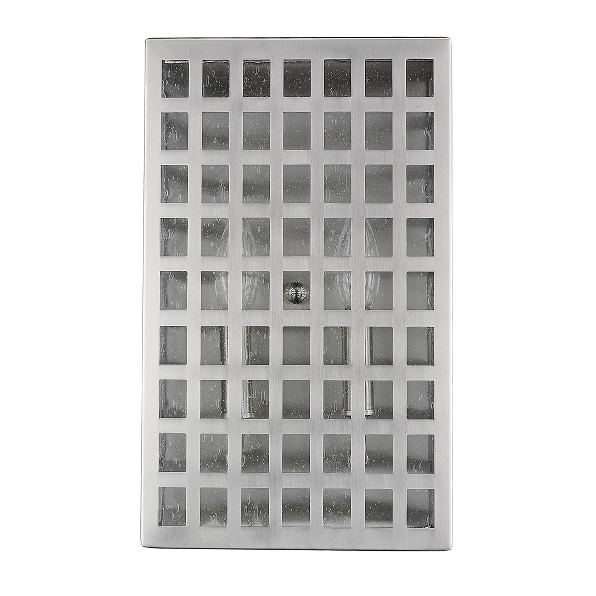 Front view of the Letzel 2-Bulb Satin Nickel ADA Wall Sconce with Grid Pattern and Seedy Glass