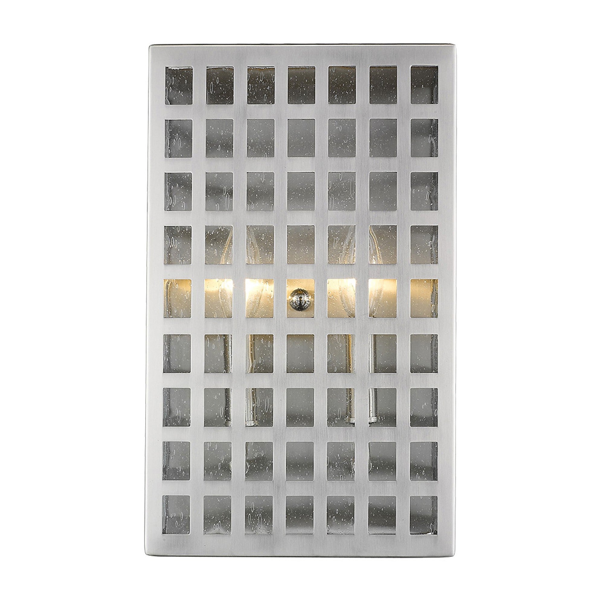 Front view of the lighted Letzel 2-Bulb Satin Nickel ADA Wall Sconce with Grid Pattern and Seedy Glass