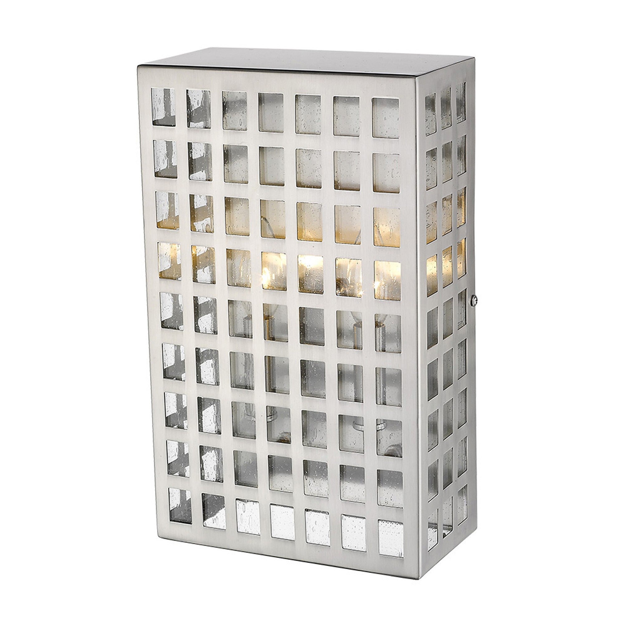 Top down front right angle view of the lighted Letzel 2-Bulb Satin Nickel ADA Wall Sconce with Grid Pattern and Seedy Glass