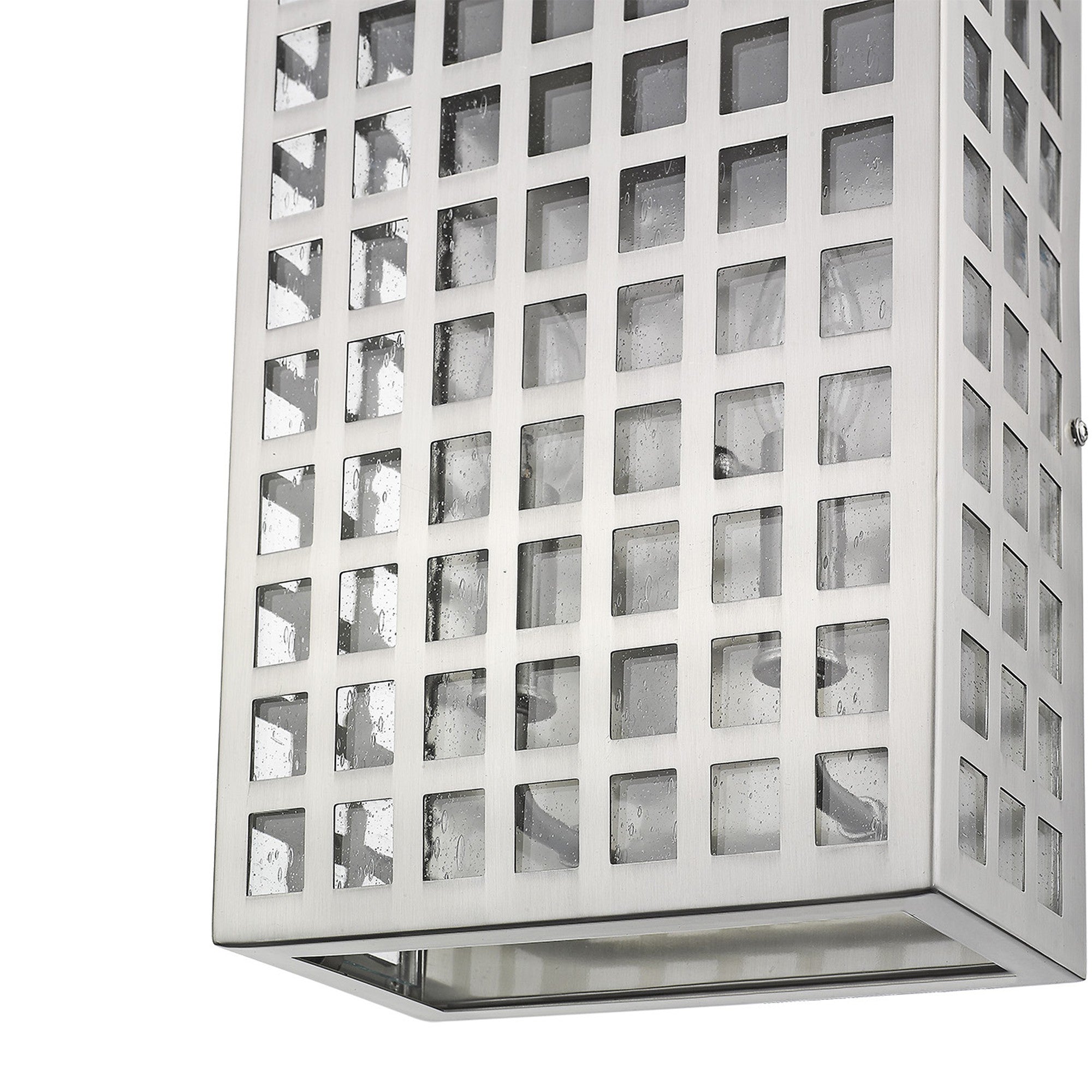 Zoomed in view of the bottom half of the Letzel 2-Bulb Satin Nickel ADA Wall Sconce with Grid Pattern and Seedy Glass