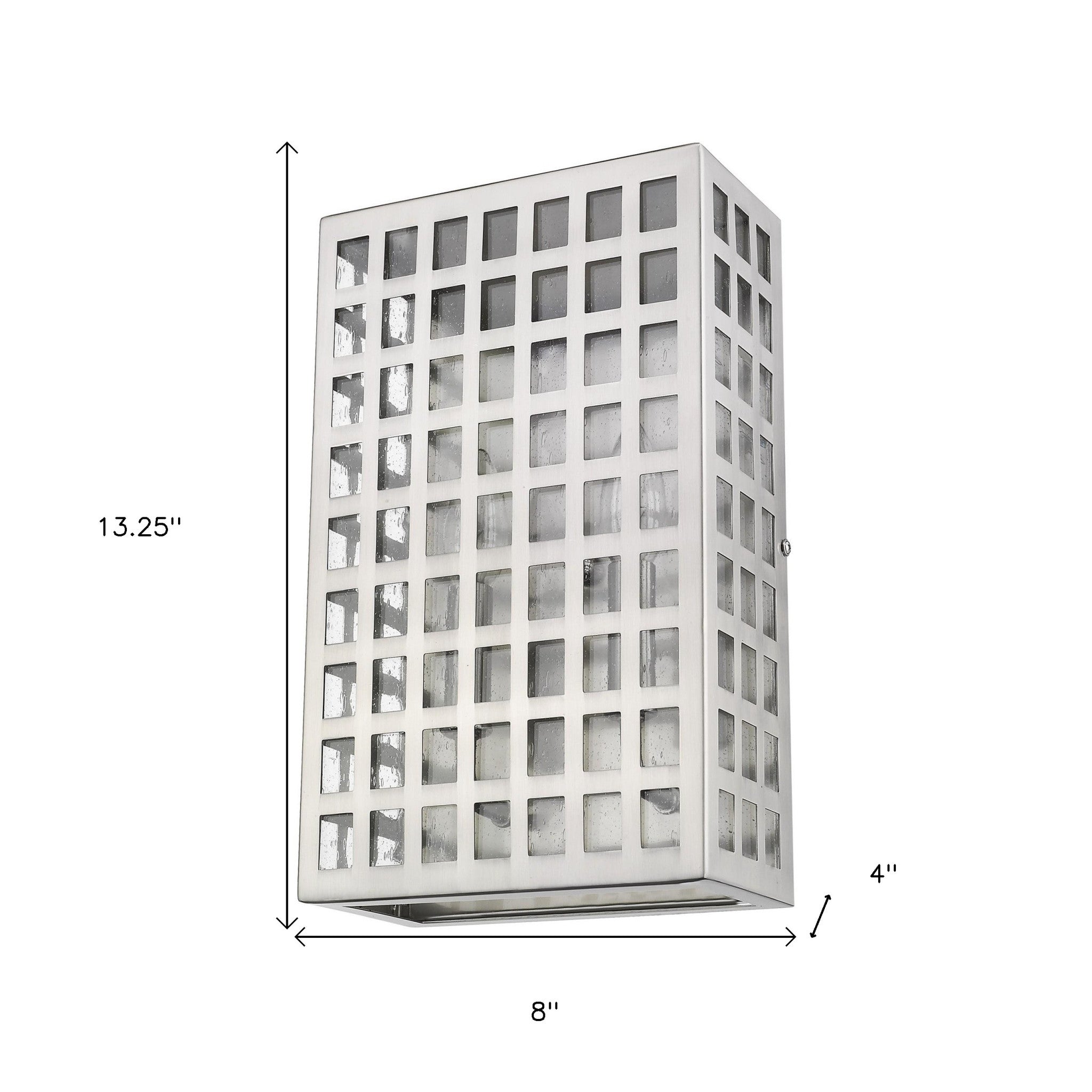 Letzel 2-Bulb Satin Nickel ADA Wall Sconce with Grid Pattern and Seedy Glass shown with dimensions of 13 point 25 inches high by 8 inches wide by 4 inches deep