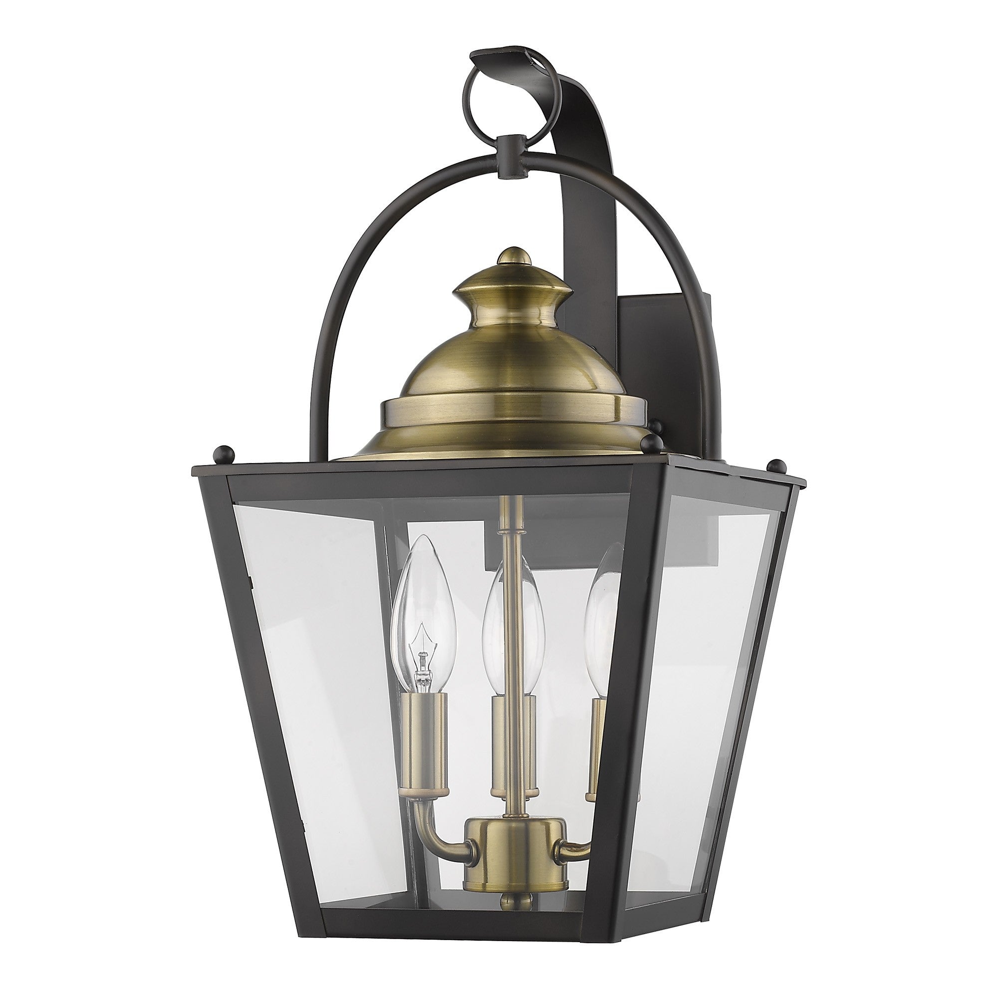 An oil-rubbed bronze wall light fixture with clear beveled glass panes and three bulb sockets, featuring a classic colonial design with a ring on top for hanging.