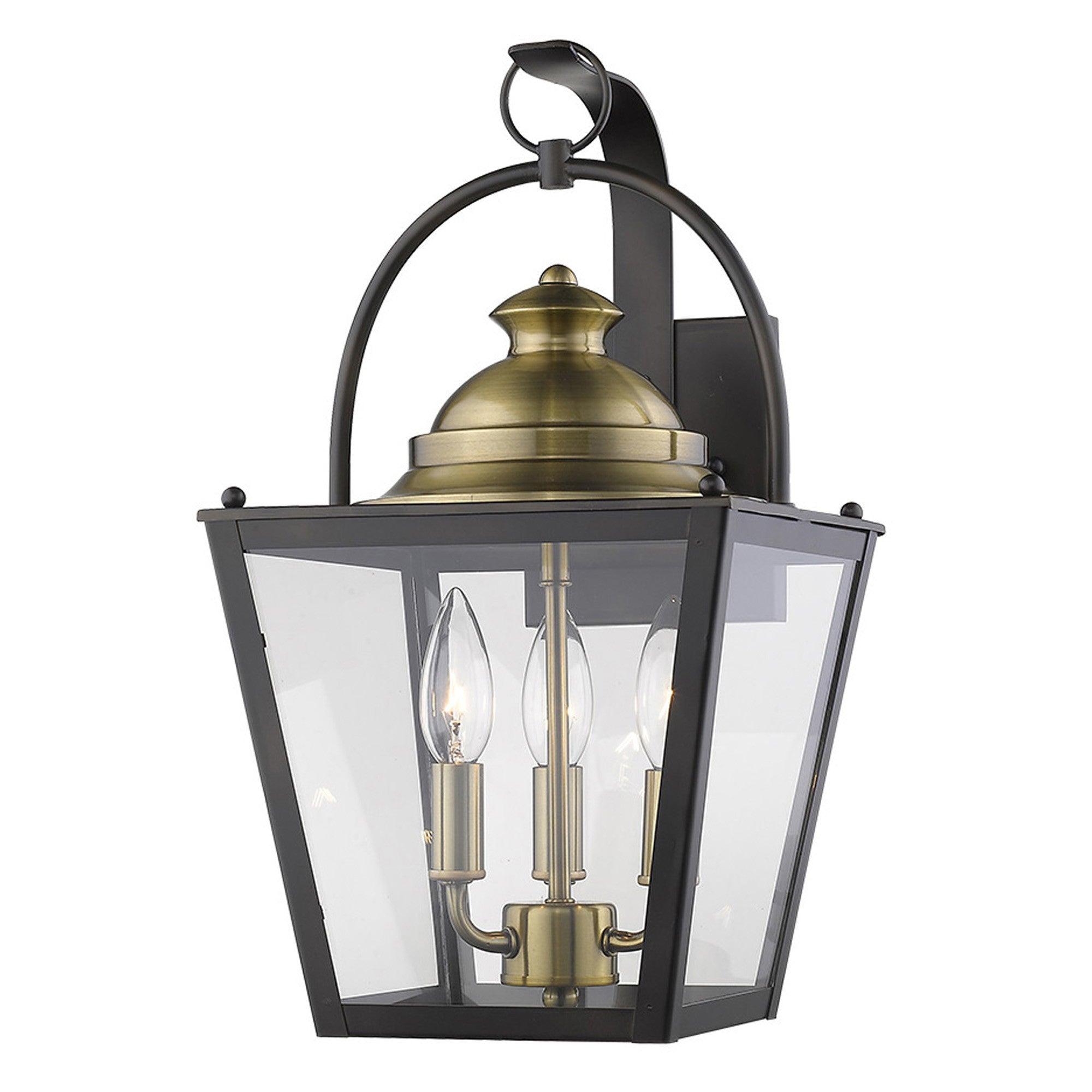 Front right angle view of the lighted Savannah 3-Bulb Oil-Rubbed Bronze Outdoor Colonial Wall Light with Clear Beveled Glass