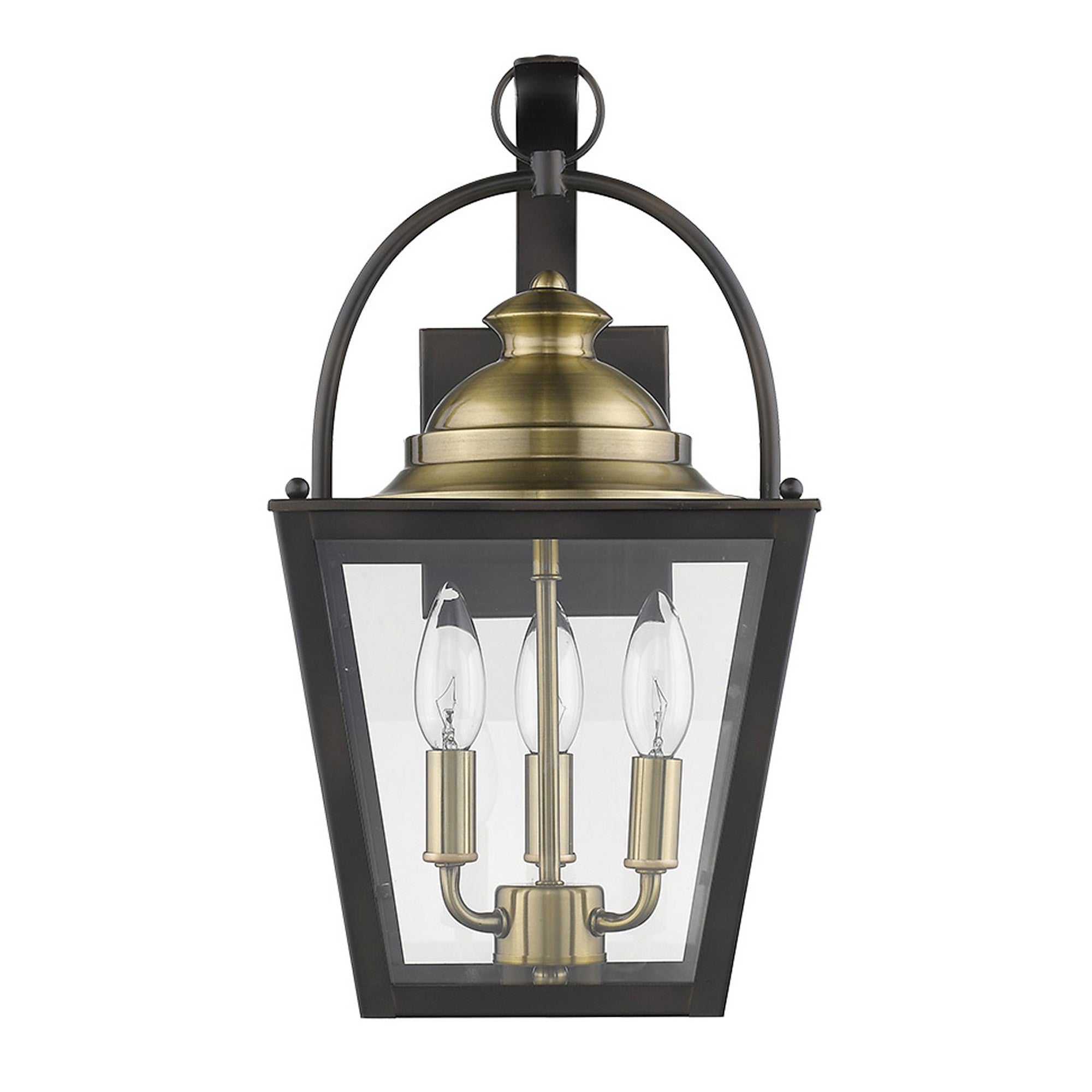 Front view of the Savannah 3-Bulb Oil-Rubbed Bronze Outdoor Colonial Wall Light with Clear Beveled Glass