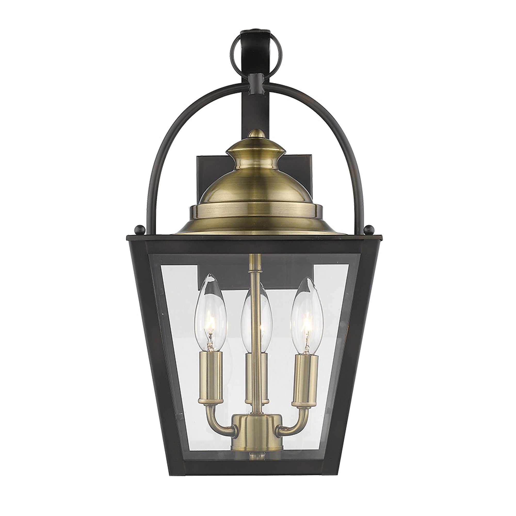Front view of the lighted Savannah 3-Bulb Oil-Rubbed Bronze Outdoor Colonial Wall Light with Clear Beveled Glass