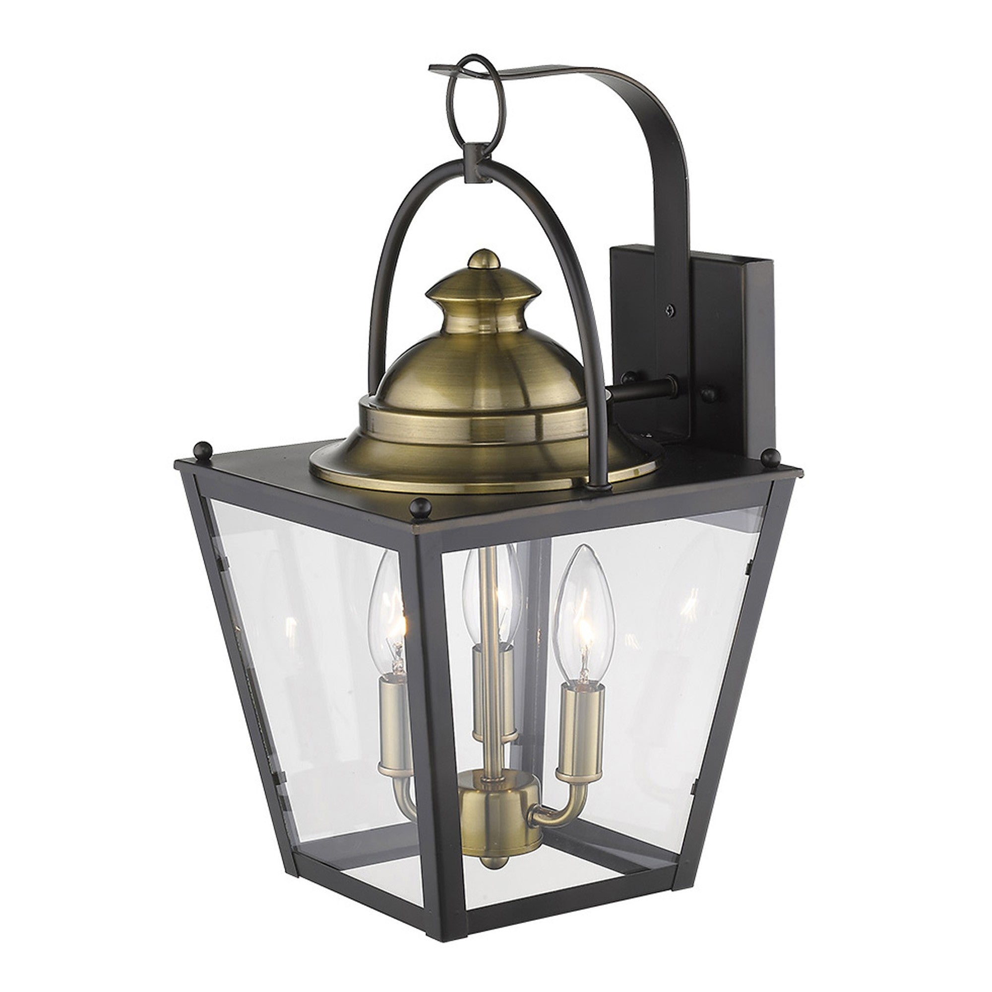 Top down right angle view of the lighted Savannah 3-Bulb Oil-Rubbed Bronze Outdoor Colonial Wall Light with Clear Beveled Glass