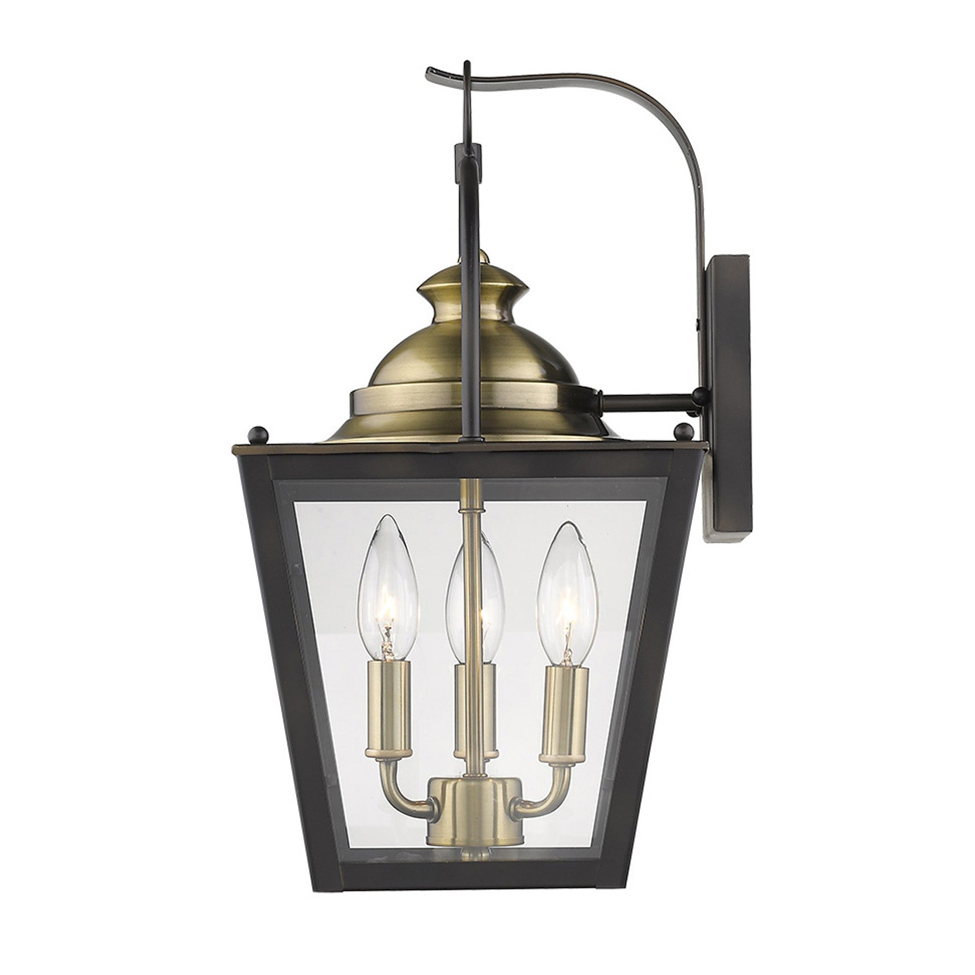 Side view of the lighted Savannah 3-Bulb Oil-Rubbed Bronze Outdoor Colonial Wall Light with Clear Beveled Glass