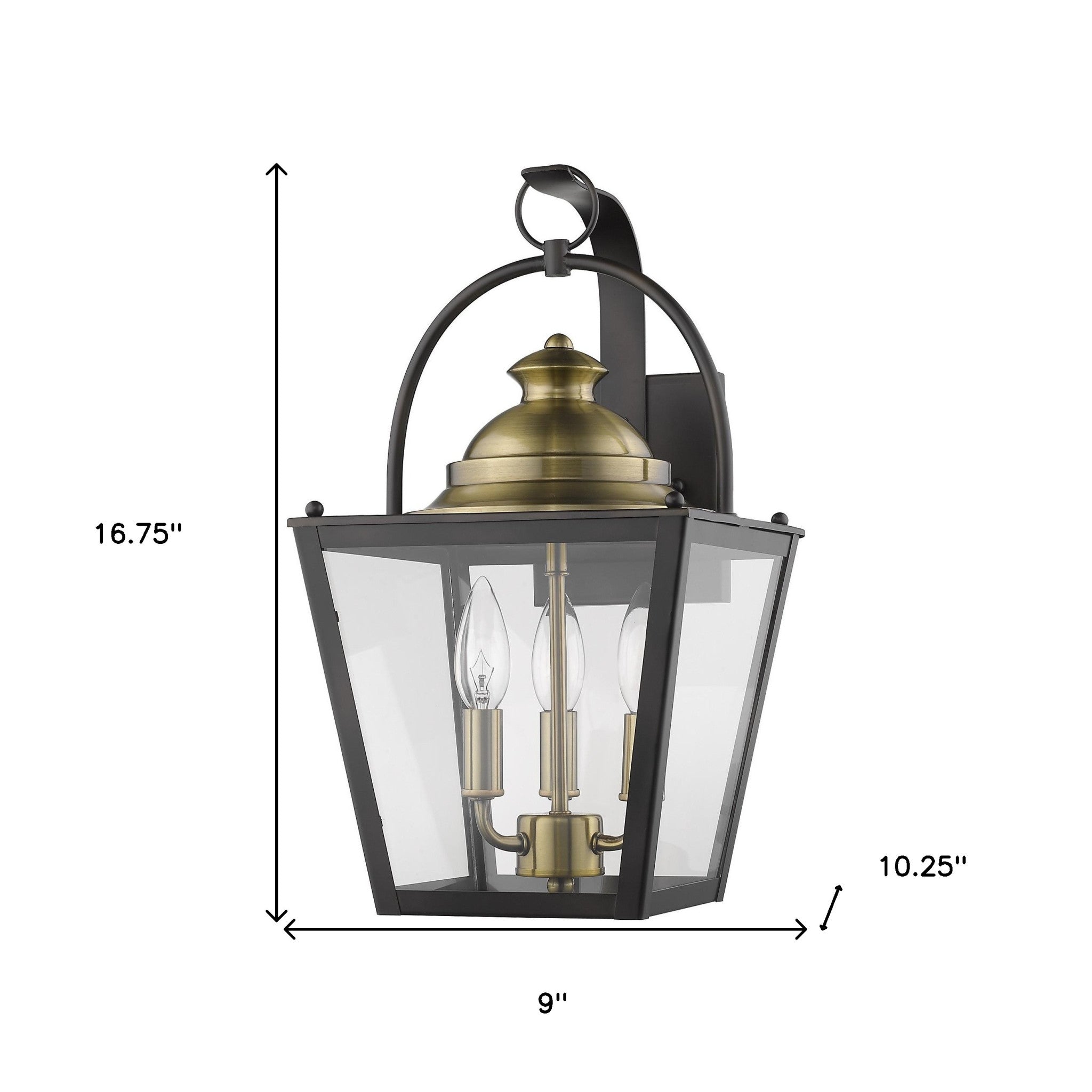 Savannah 3-Bulb Oil-Rubbed Bronze Outdoor Colonial Wall Light with Clear Beveled Glass shown with dimensions of 16 point 75 inches high by 9 inches wide by 10 point 25 inches deep