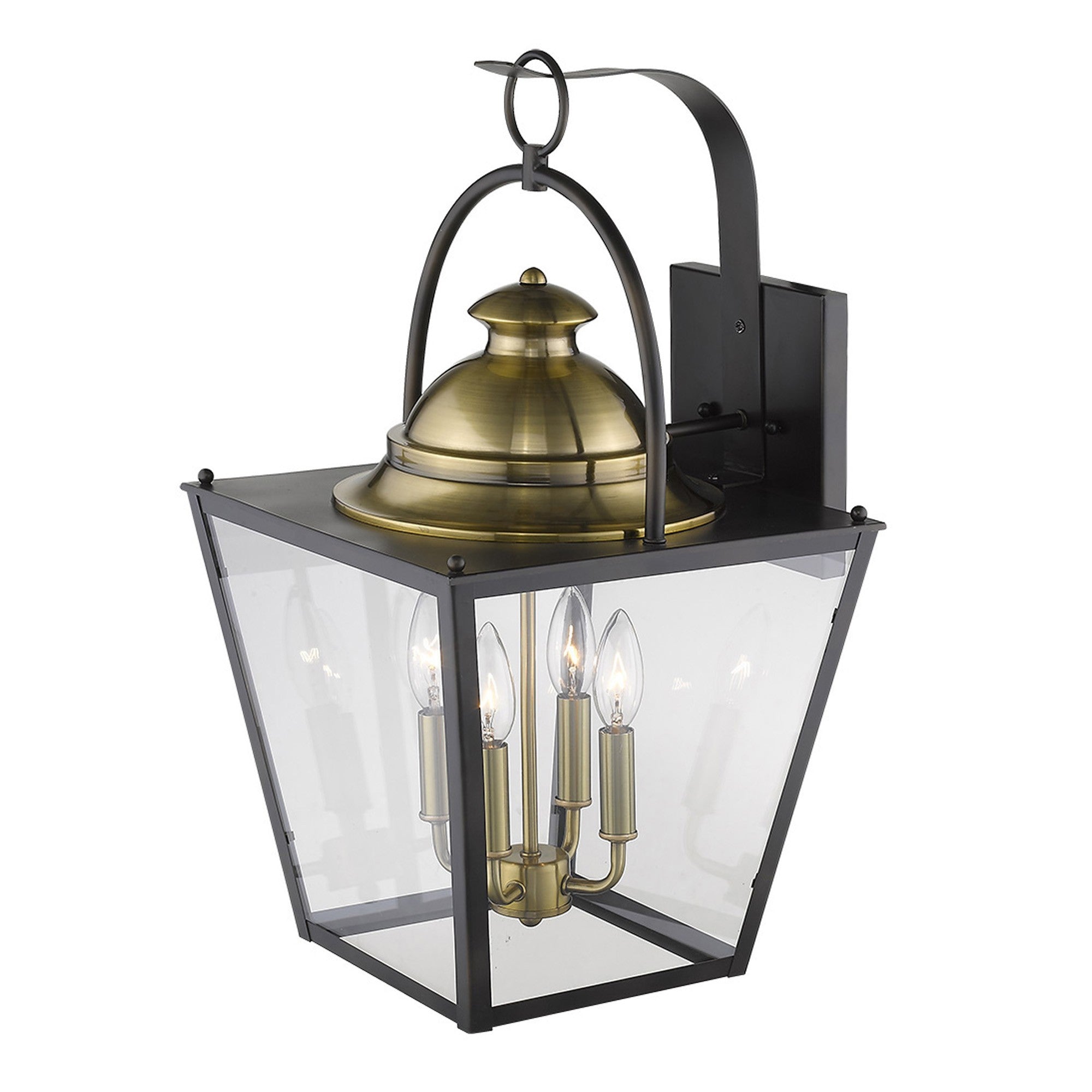 Top down right side angle view of the lighted Savannah 4-Bulb Oil-Rubbed Bronze Outdoor Colonial Wall Light with Clear Beveled Glass