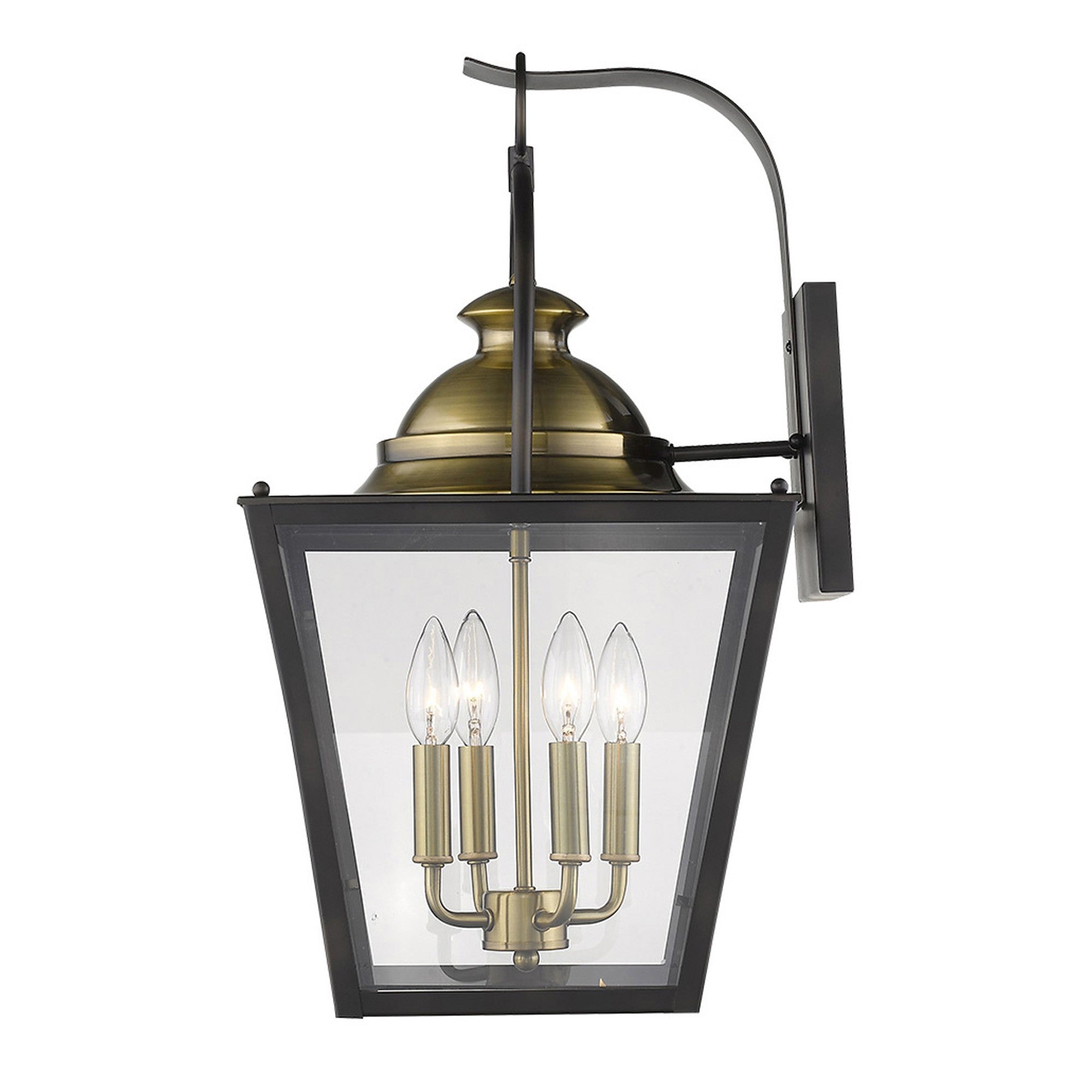 Side view of the lighted Savannah 4-Bulb Oil-Rubbed Bronze Outdoor Colonial Wall Light with Clear Beveled Glass