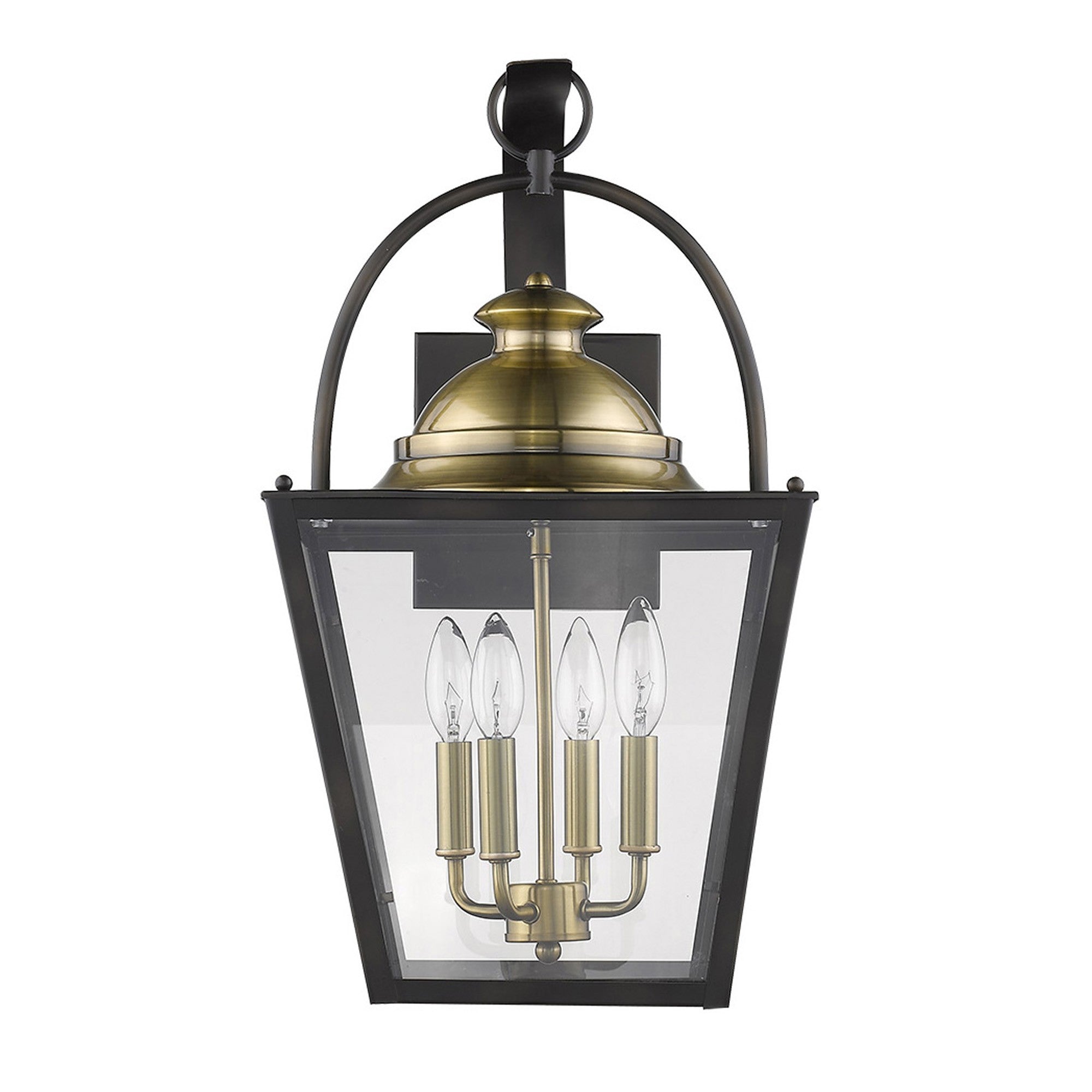 Front view of the Savannah 4-Bulb Oil-Rubbed Bronze Outdoor Colonial Wall Light with Clear Beveled Glass