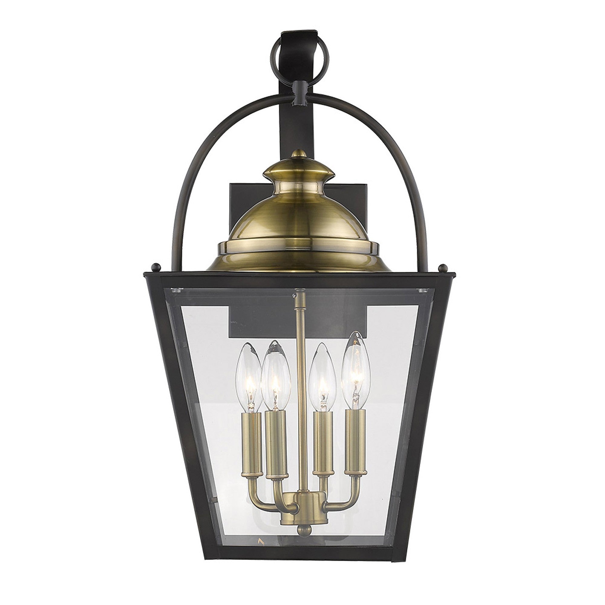Front view of the lighted Savannah 4-Bulb Oil-Rubbed Bronze Outdoor Colonial Wall Light with Clear Beveled Glass