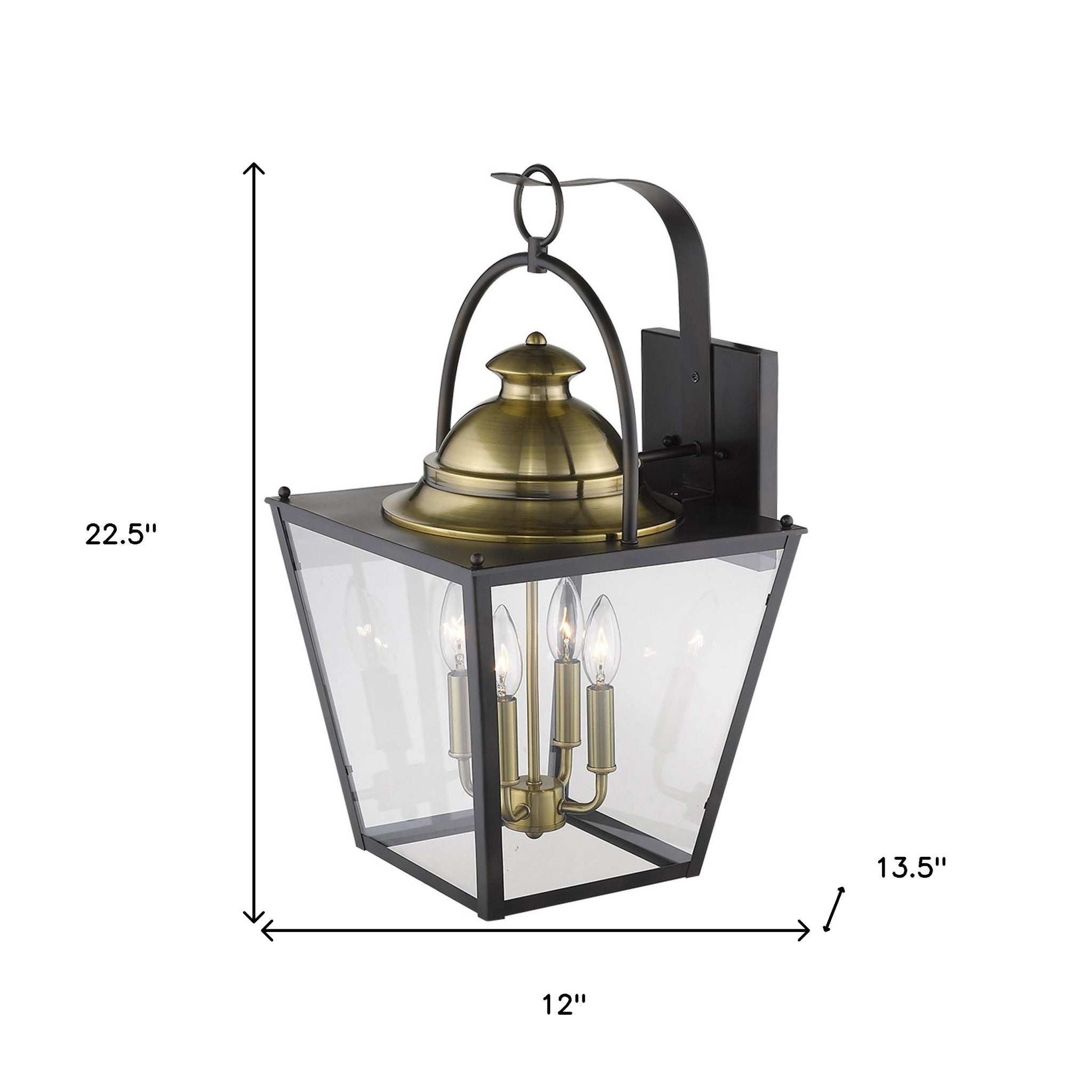 Savannah 4-Bulb Oil-Rubbed Bronze Outdoor Colonial Wall Light with Clear Beveled Glass shown with dimensions of 22 point 5 inches high by 12 inches wide by 13 point 5 inches deep