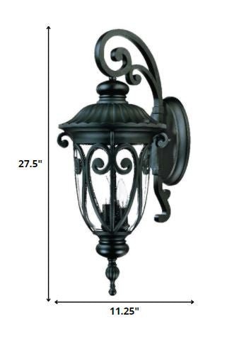 Naples 3-Bulb Matte Black Outdoor Hanging Wall Light with Seeded Glass and Italian Scroll Design shown with dimensions of 27 point 5inches high by 11 point 25 inches wide