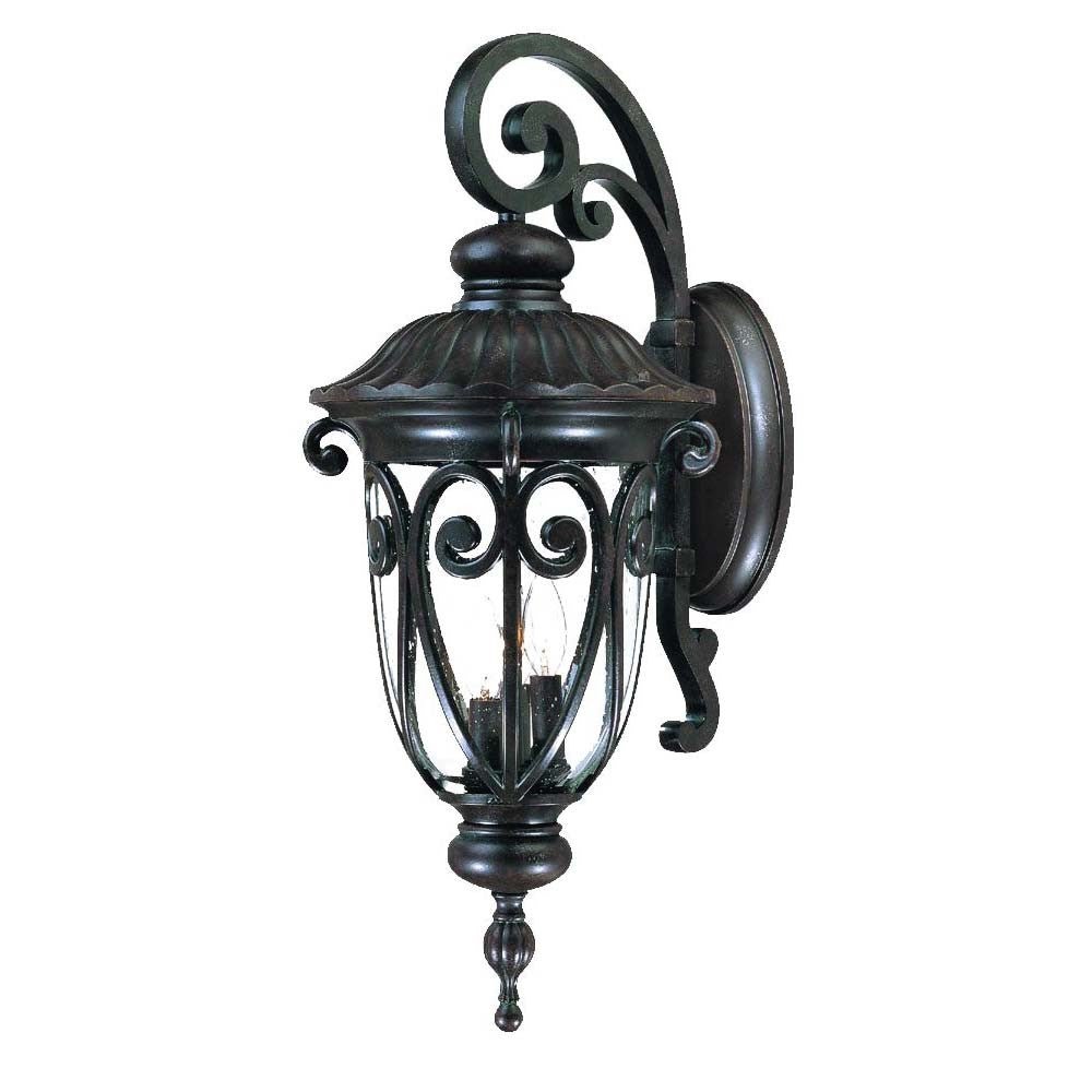 Front right angle view of the Naples 3-Bulb Marbleized Mahogany Outdoor Hanging Wall Light with Seeded Glass