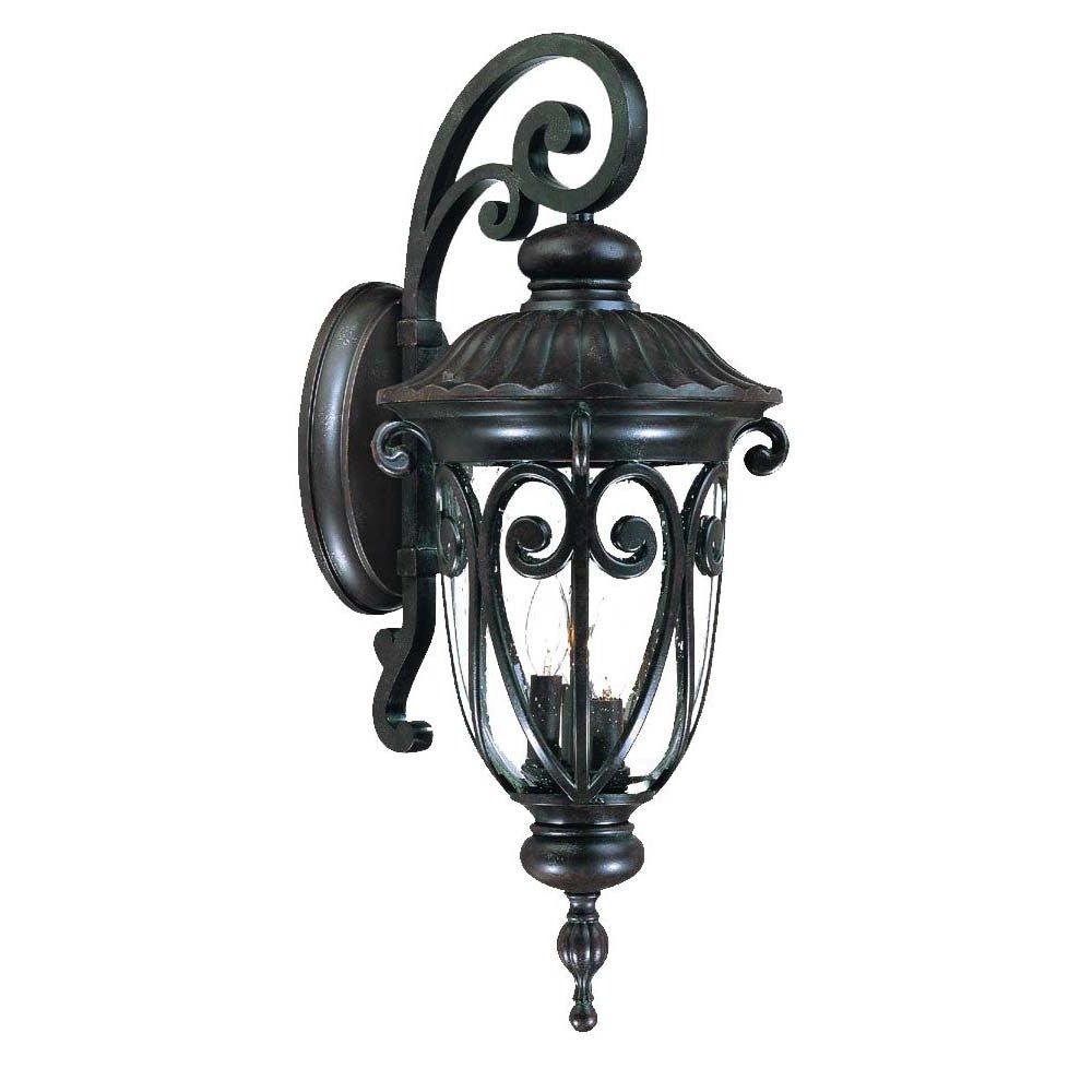 Front left angle view of the Naples 3-Bulb Marbleized Mahogany Outdoor Hanging Wall Light with Seeded Glass