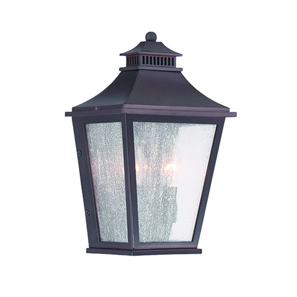 Front left angle view of the lighted Antique Bronze Two Light Outdoor Pocket Lantern Wall Light with Frosted Glass