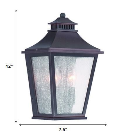 Antique Bronze Two Light Outdoor Pocket Lantern Wall Light with Frosted Glass shown with dimensions of 12 inches high by 7 point 5 inches wide