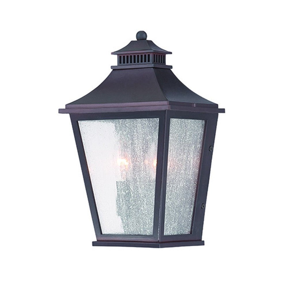 Front right angle view of the lighted Antique Bronze Two Light Outdoor Pocket Lantern Wall Light with Frosted Glass