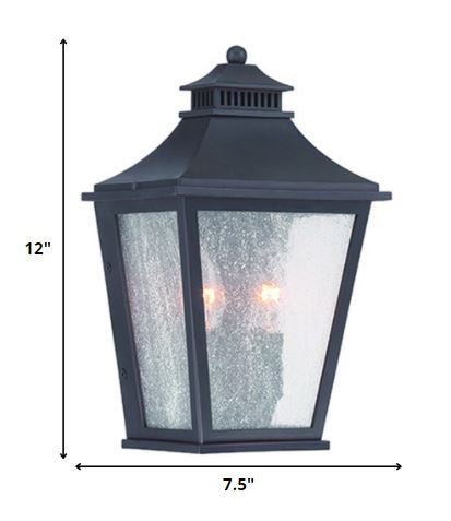 Matte Black Two Light Outdoor Pocket Lantern Wall Light with Frosted Glass shown with dimensions of 12 inches high by 7 point 5 inches wide
