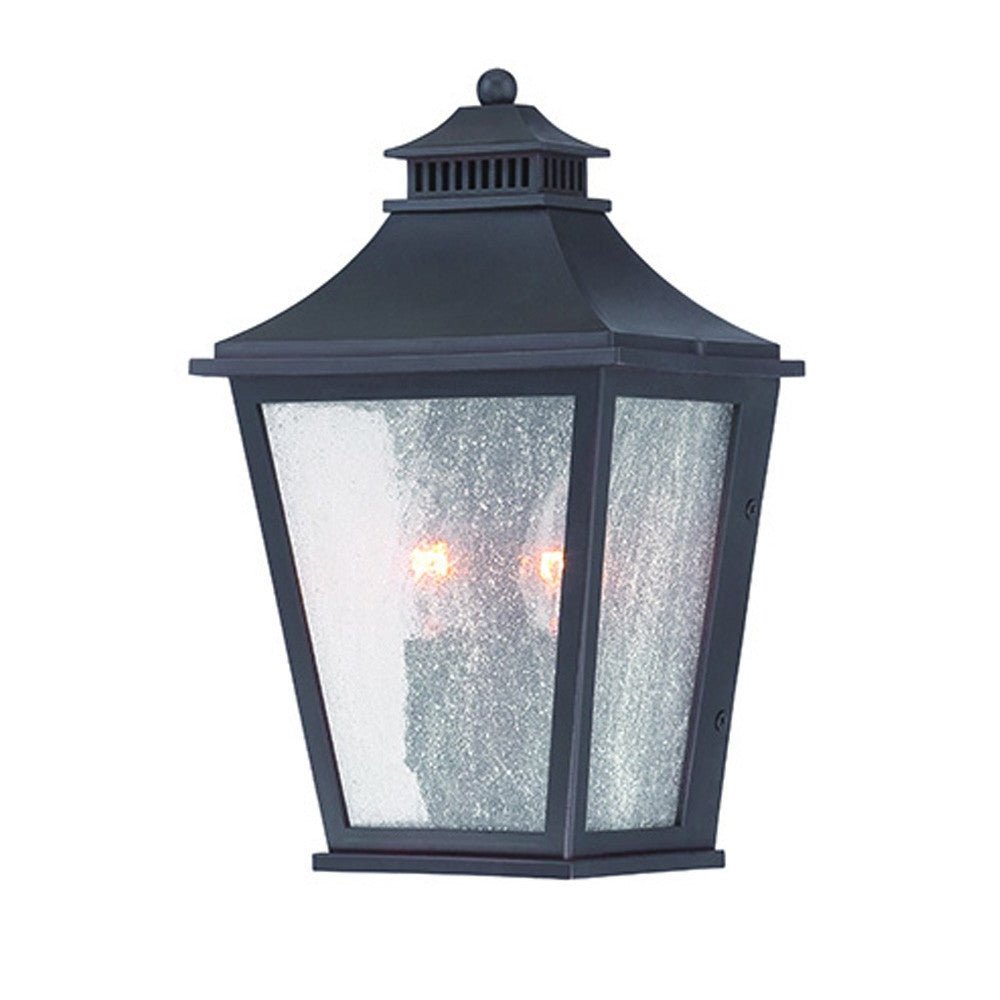 Front right angle view of the lighted Matte Black Two Light Outdoor Pocket Lantern Wall Light with Frosted Glass