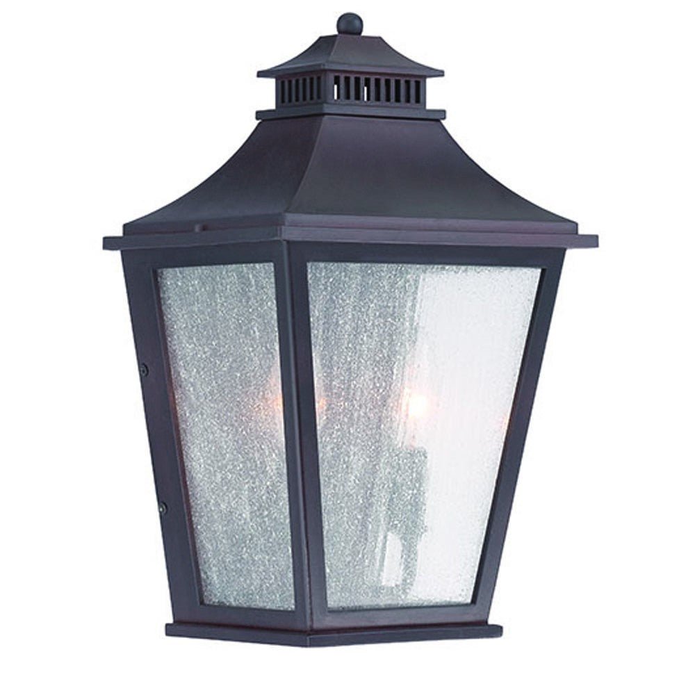 Front left angle view of the lighted XL Antique Bronze Two Bulb Pocket Lantern Wall Light with Frosted Glass