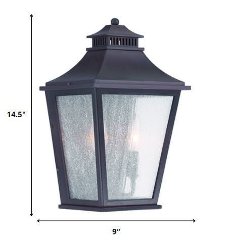 XL Antique Bronze Two Bulb Pocket Lantern Wall Light with Frosted Glass shown with the dimensions of 14 point 5 inches high by 9 inches wide