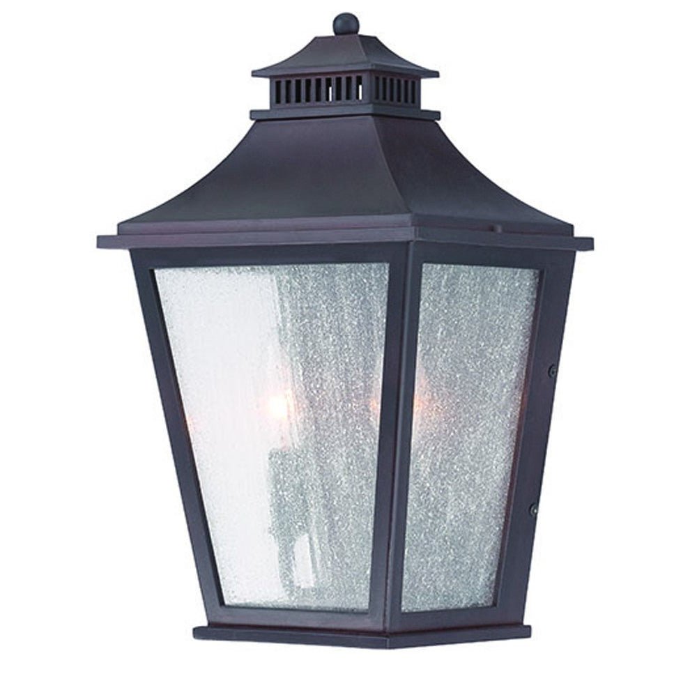 Front right angle view of the lighted XL Antique Bronze Two Bulb Pocket Lantern Wall Light with Frosted Glass
