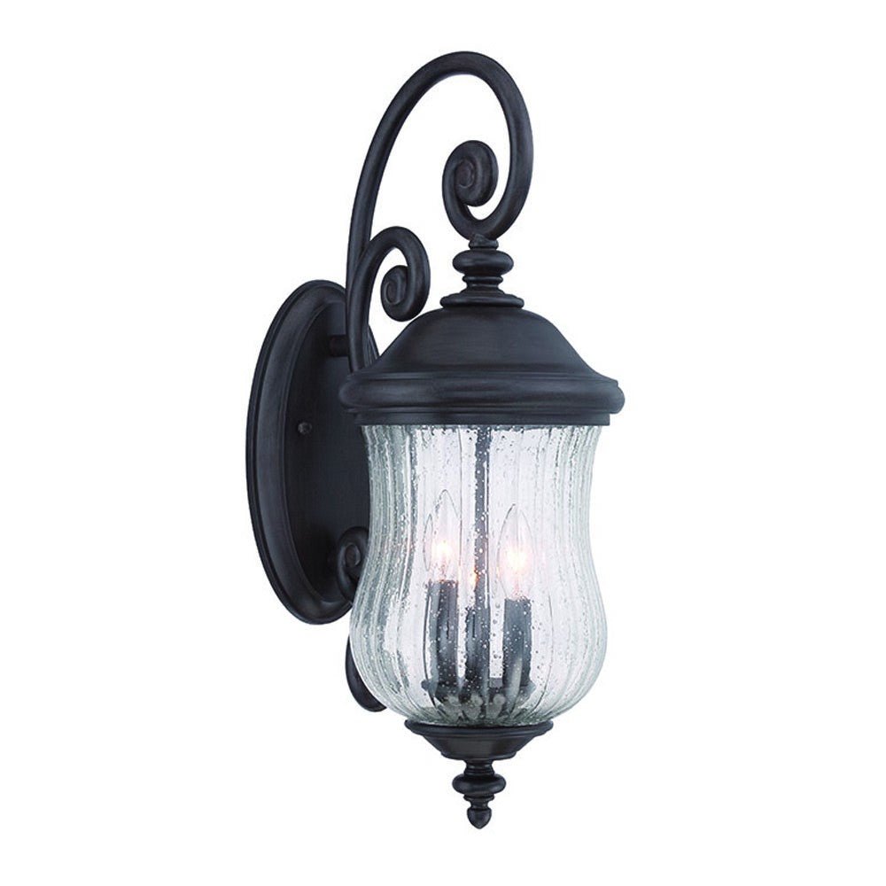 Front left angle view of the lighted Three Light Matte Black Urn Outdoor Wall Lantern with Raindrop Glass and Spiral Arm