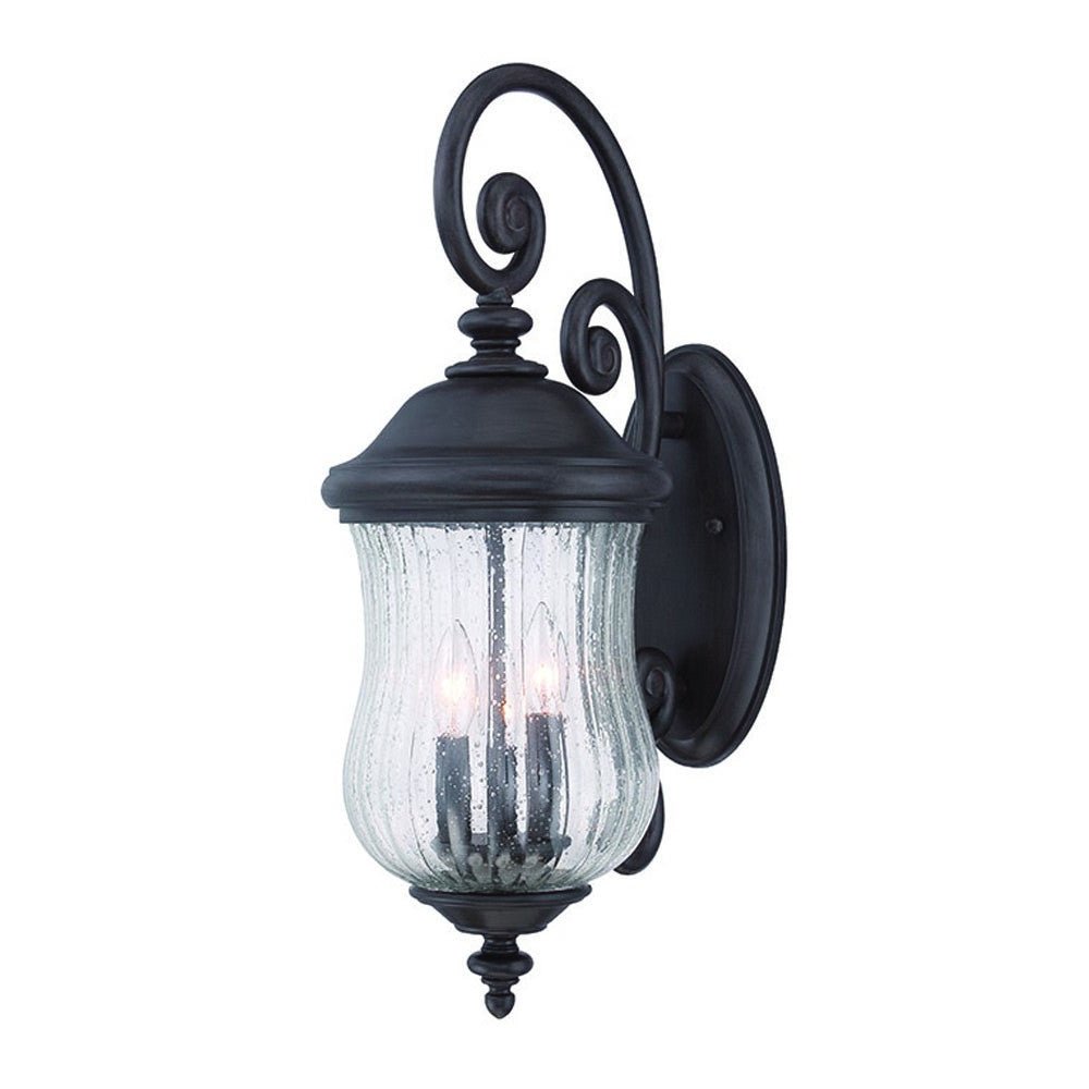 Front right angle view of the lighted Three Light Matte Black Urn Outdoor Wall Lantern with Raindrop Glass and Spiral Arm