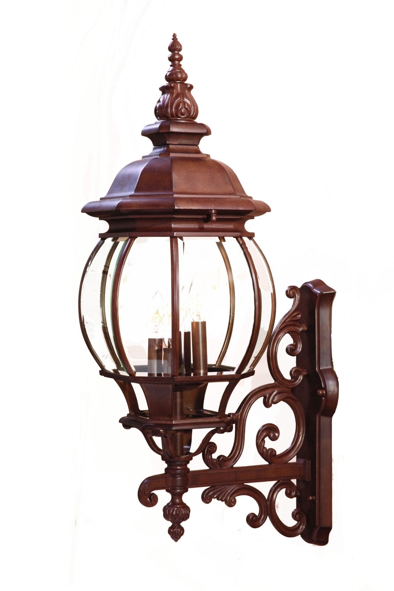 Front right angle view of the lighted Chateau 4-Bulb Burled Walnut Outdoor Wall Lantern with Scrollwork and Beveled Glass